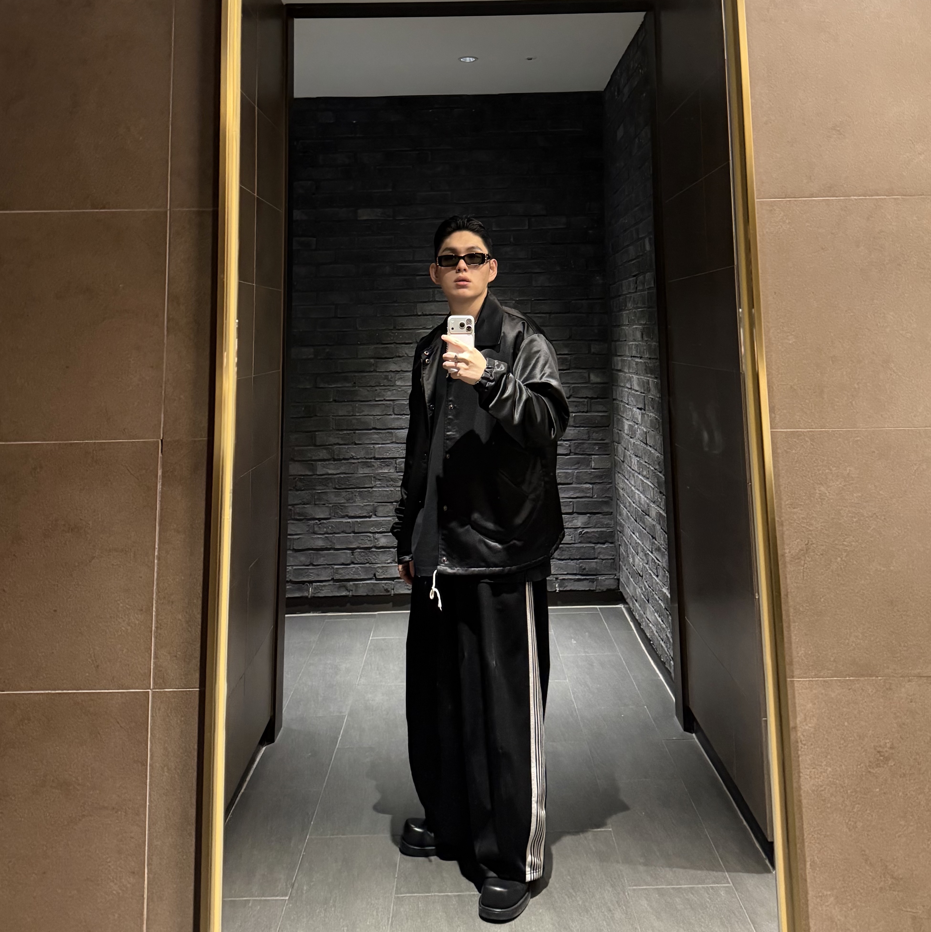 Darkr8m Studio x Hardhitters Satin Coach Jacket Black, Needles x LHP H.D. Track Pants Poly Smooth Black - LHP Exclusive 착용 스타일