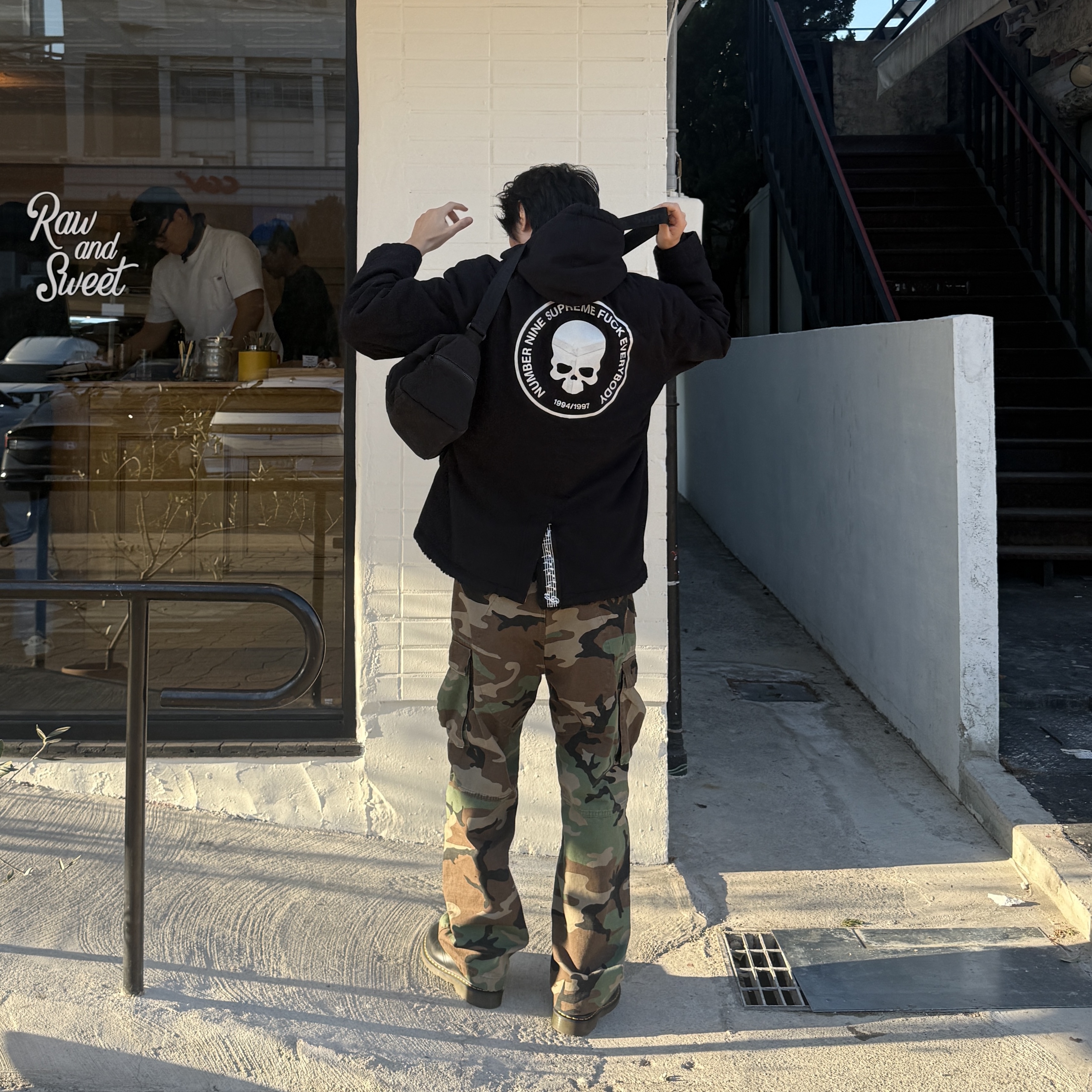 Supreme x Number (N)ine Faux Shearling Hooded Coat Black - 25FW, Supreme Cargo Pant Camo - 25FW 착용 스타일 - 2