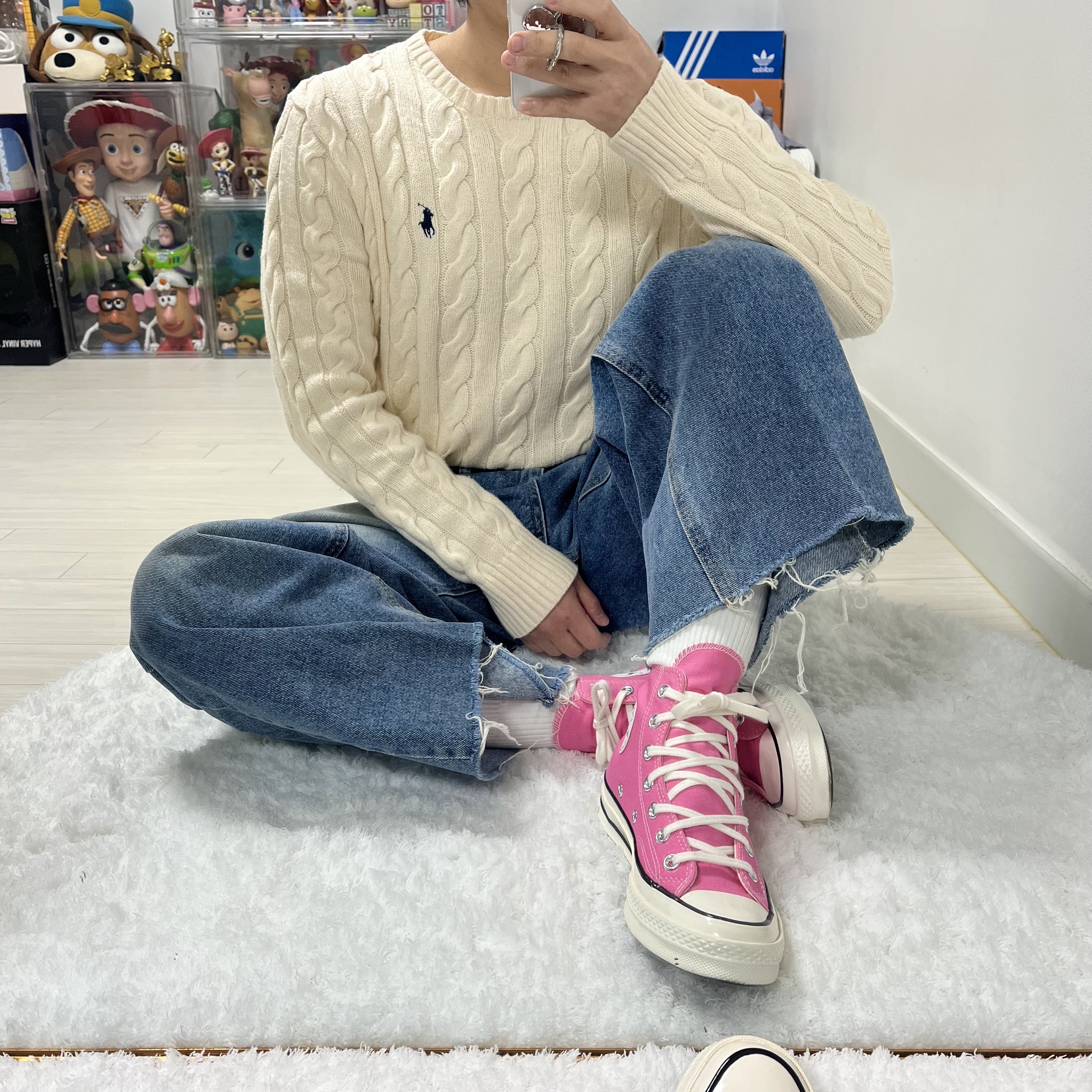 Harley of Scotland Shaggy Dog Crewneck Sweater Ballerina, Converse Chuck 70 High Vintage Canvas Pink 착용 스타일 - 3