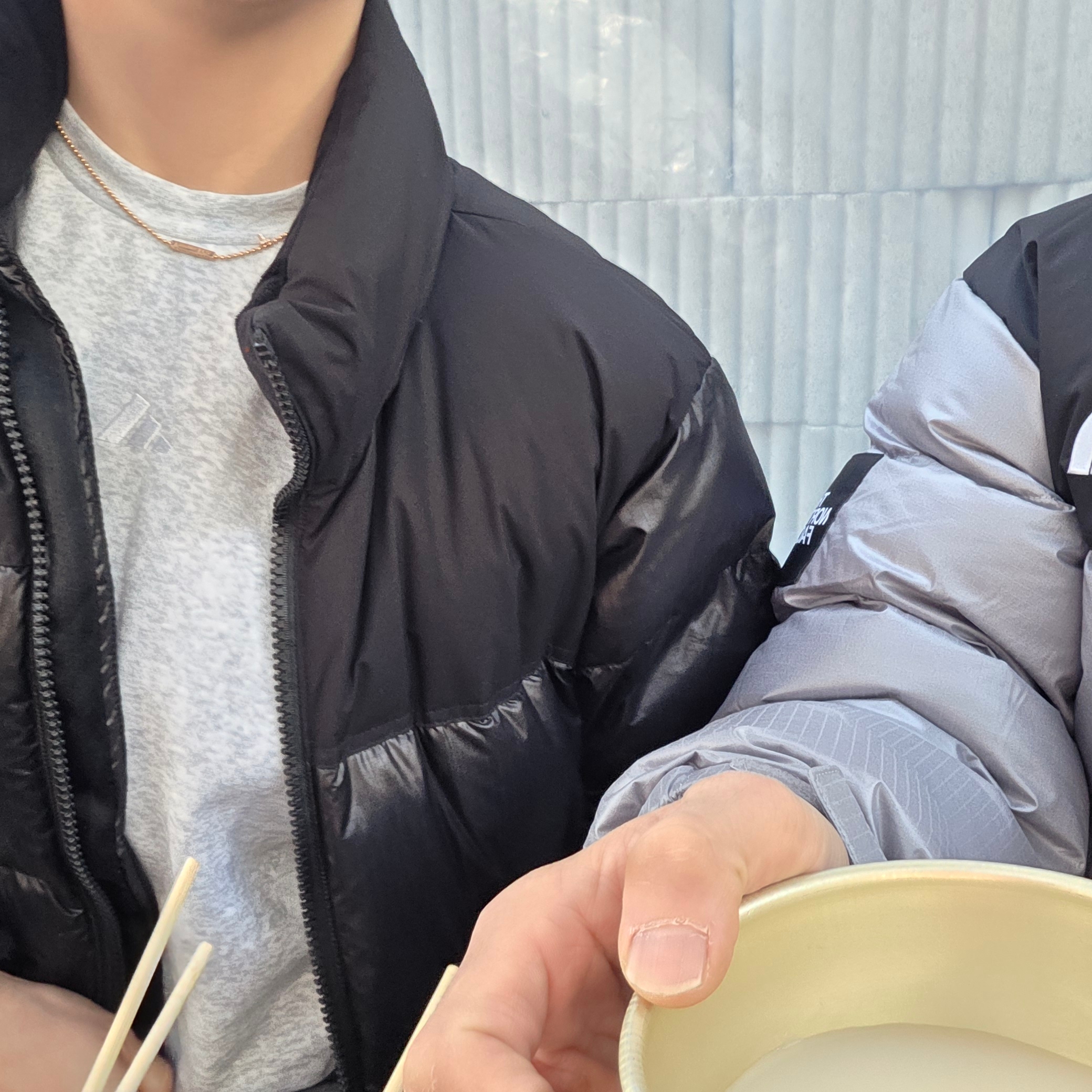 The North Face White Label Novelty Nuptse Down Jacket Heather Gray 착용 스타일