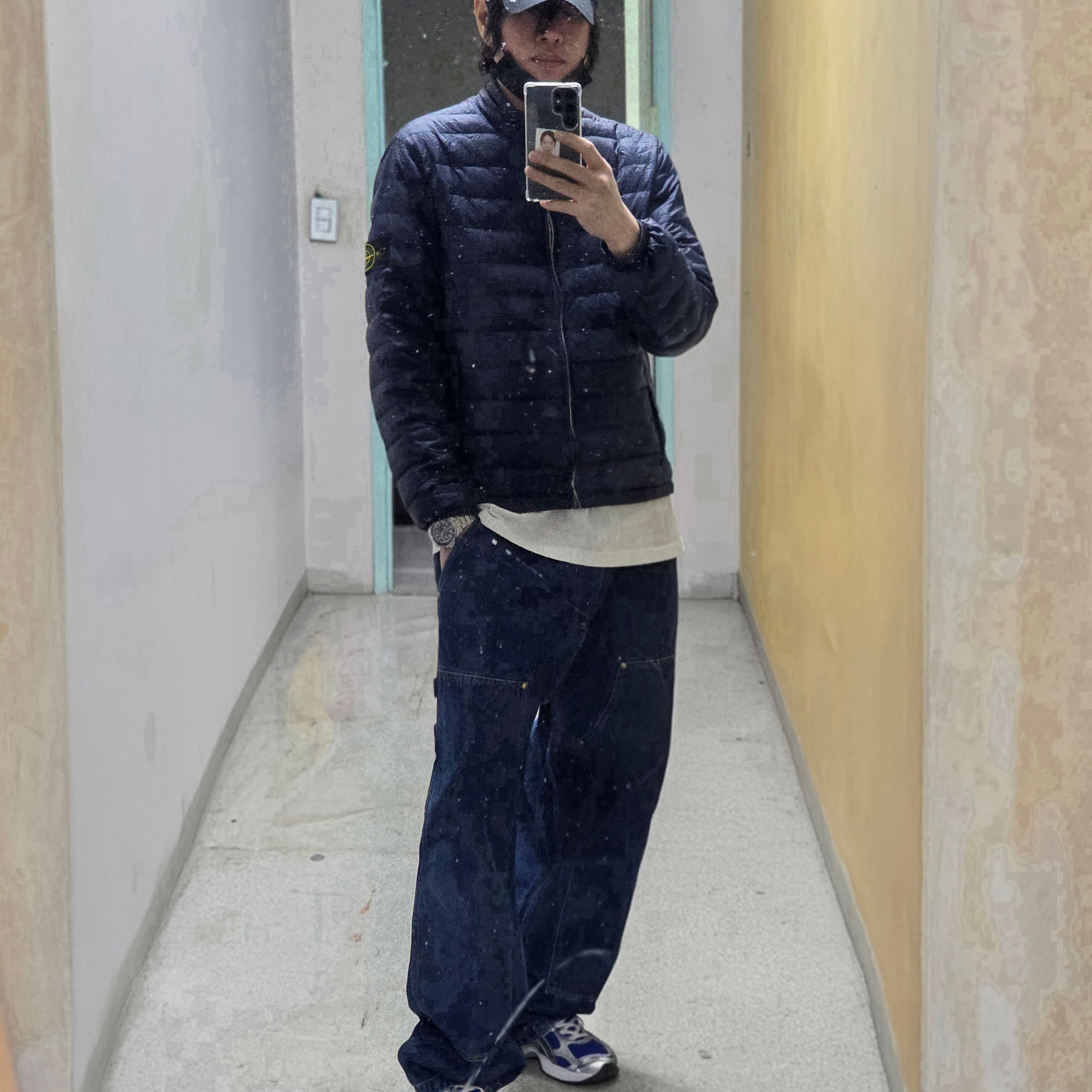 Carhartt WIP Nash Loose Fit Double Knee Pants Blue Stone Washed, Stone Island 99660 Embroidered Logo Ball Cap Black - 24FW 착용 스타일