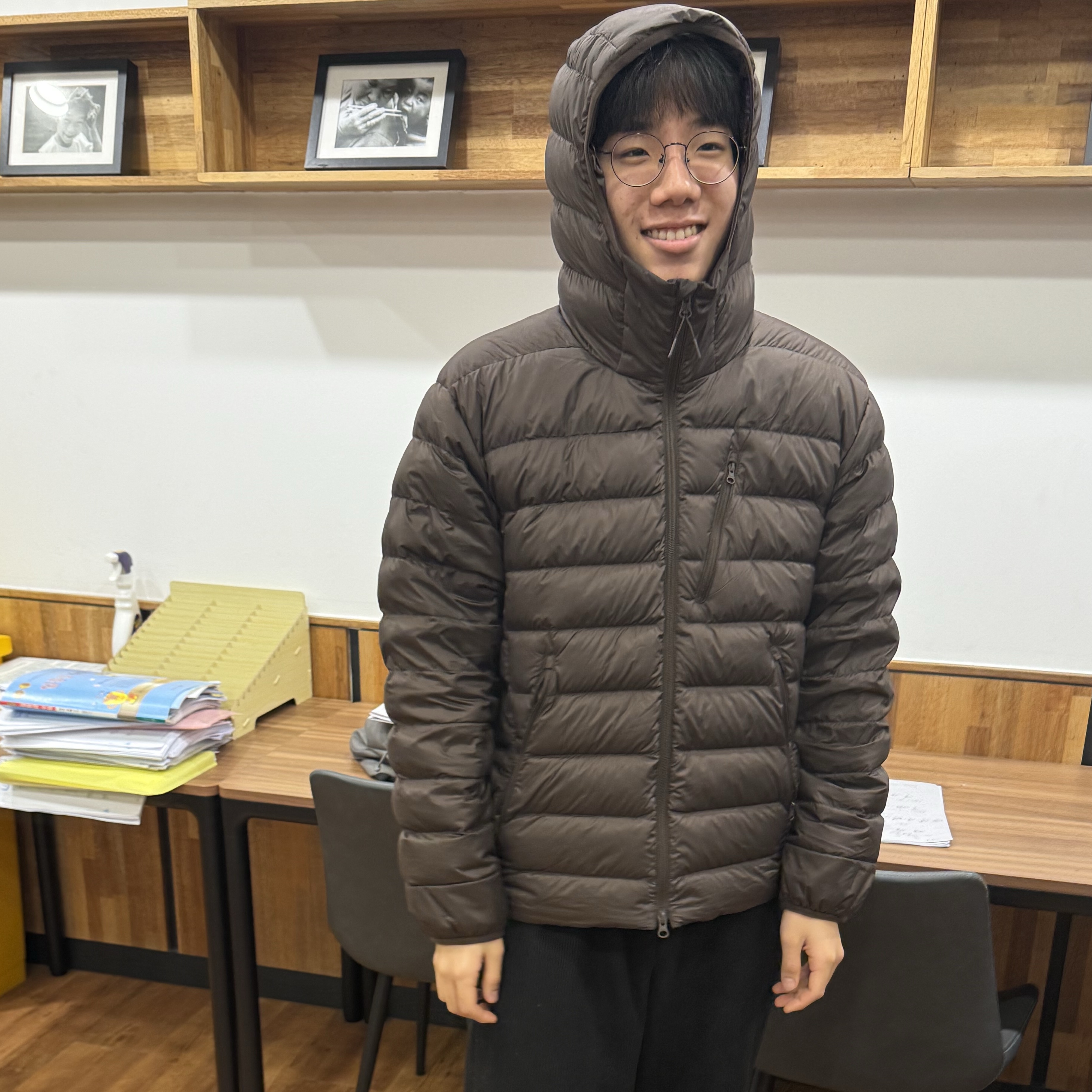 Musinsa Standard City Leisure Hooded Light Down Jacket Brown 착용 스타일 - 1
