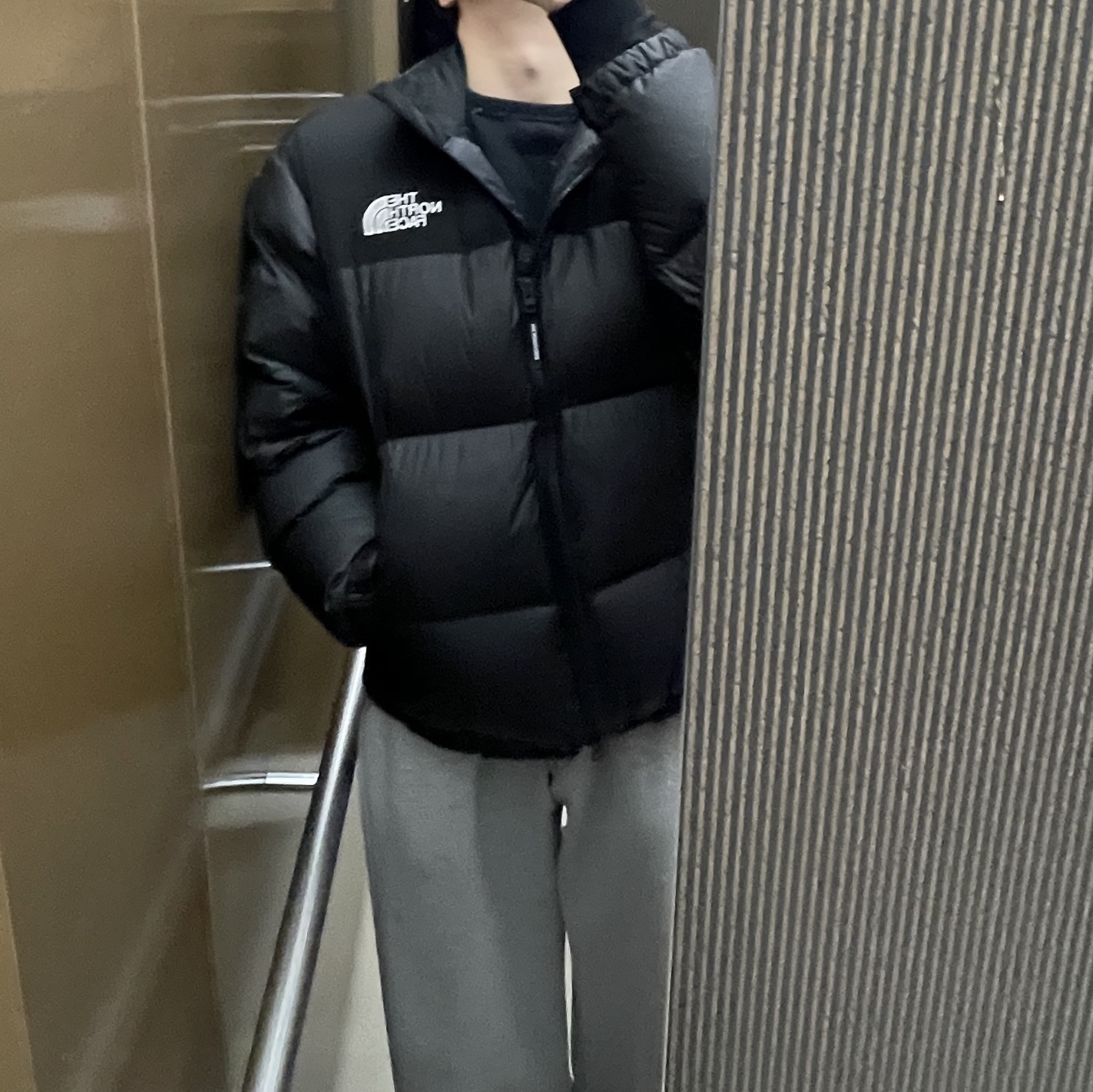 The North Face White Label Novelty Nuptse RDS Down Jacket Real Black 착용 스타일