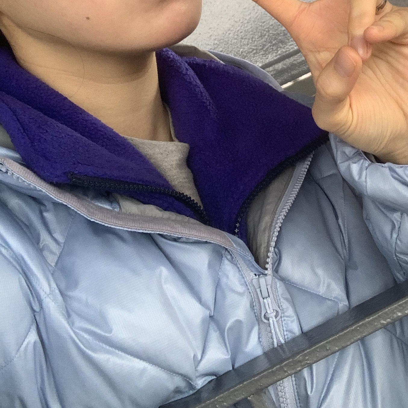 YESEYESEE Wafer Goose Down Jacket Misty Blue, Patagonia Synchilla Snap-T Fleece Pullover Oatmeal Heather 착용 스타일 - 3