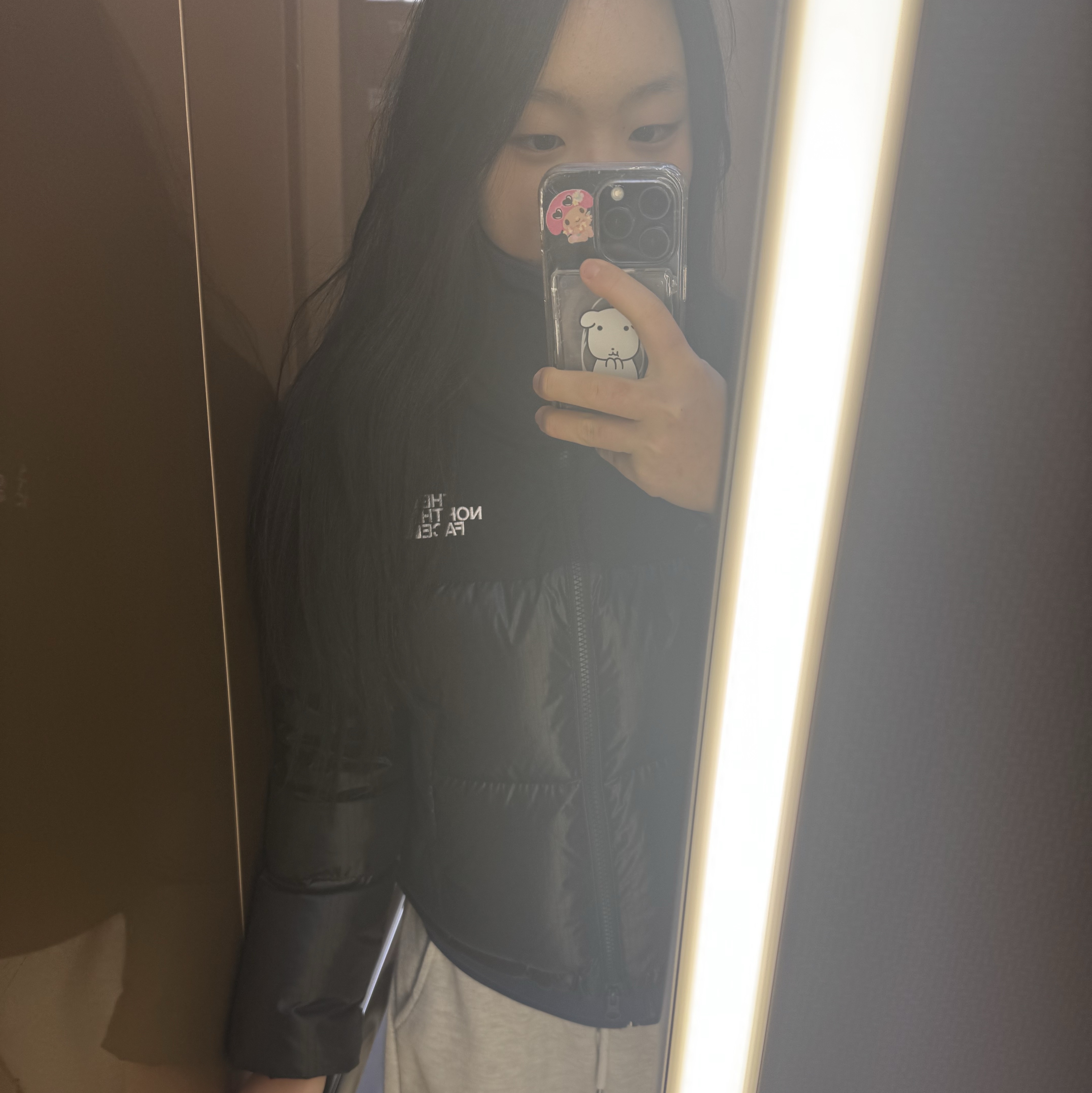 (W) The North Face White Label Novelty Nuptse Down Jacket Black 착용 스타일
