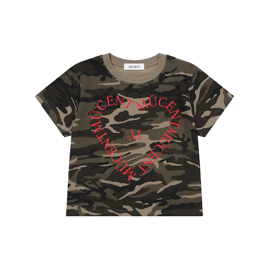 P0000BGJ MUCENT Miloti Heart Lettering Logo Camo Half T Unisex Khaki