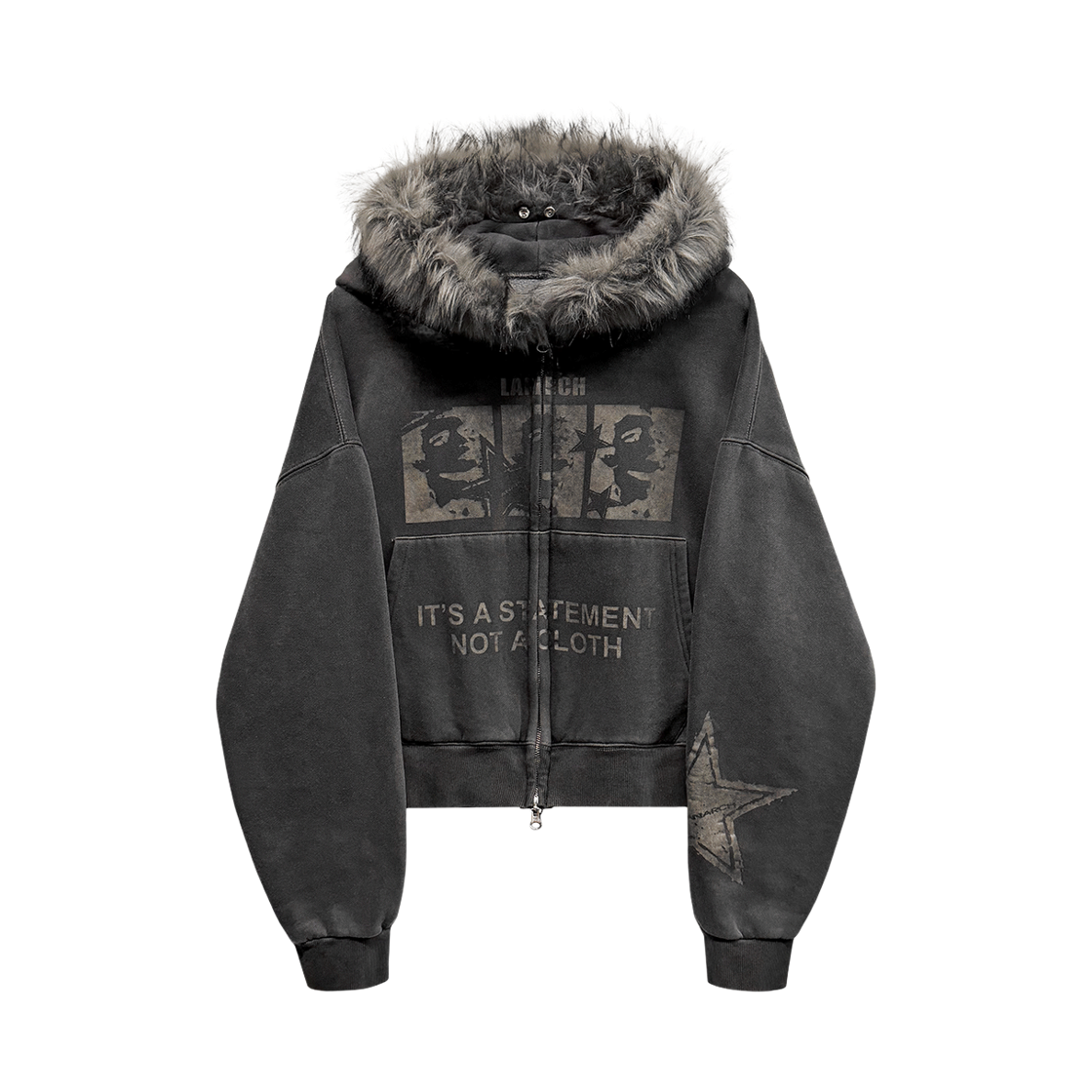 랜 아카이브 0088 폭스 퍼 스타 프린트 후드 집업 - 차콜(LAN ARCHIVE 0088 Fox Fur Star Print Hoodie Zip-up - Charcoal)