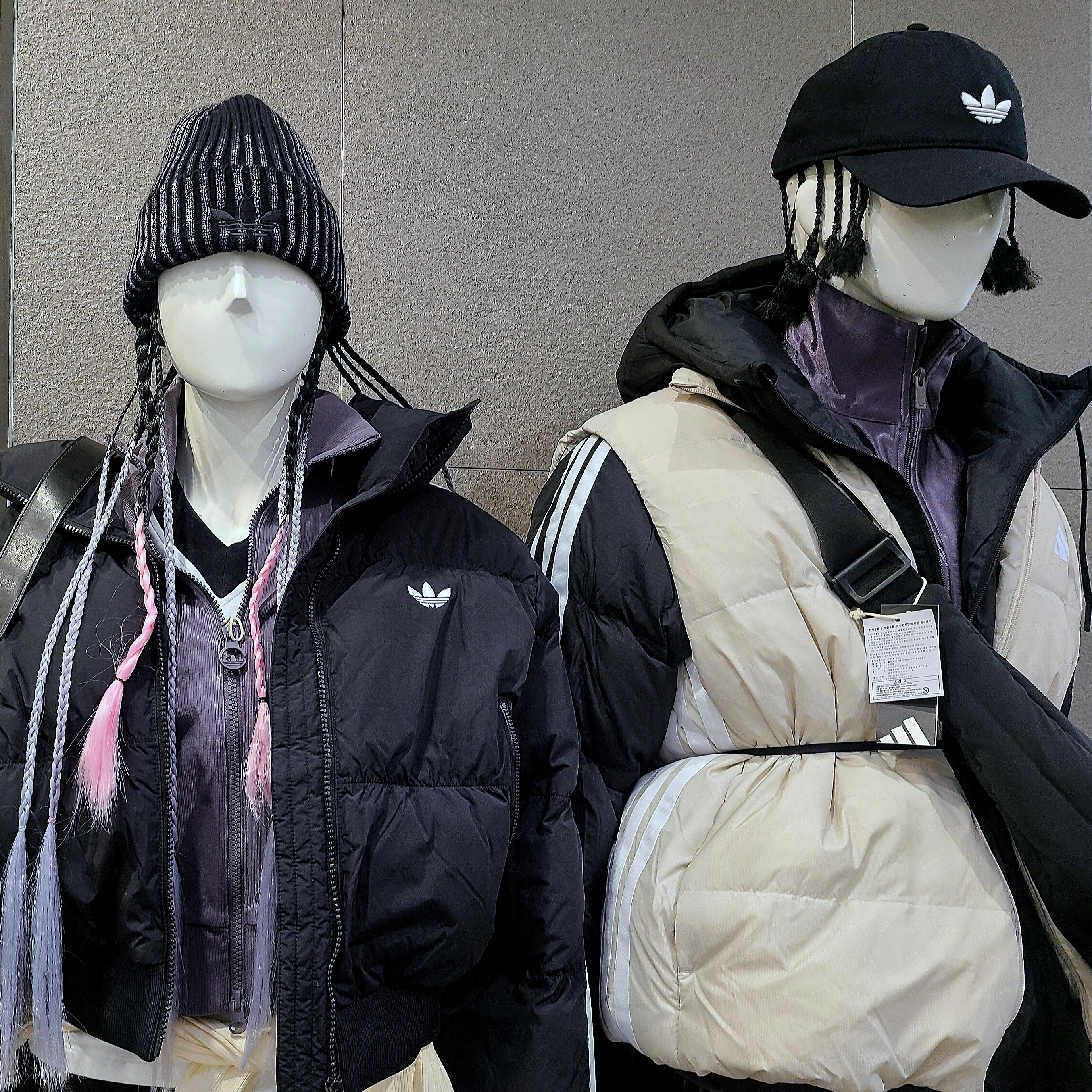 Adidas Firebird Metallic Track Top Grey Strata - KR Sizing, Adidas Essentials Climawarm 3-Stripes Puffer Down Vest Beige - KR Sizing 착용 스타일