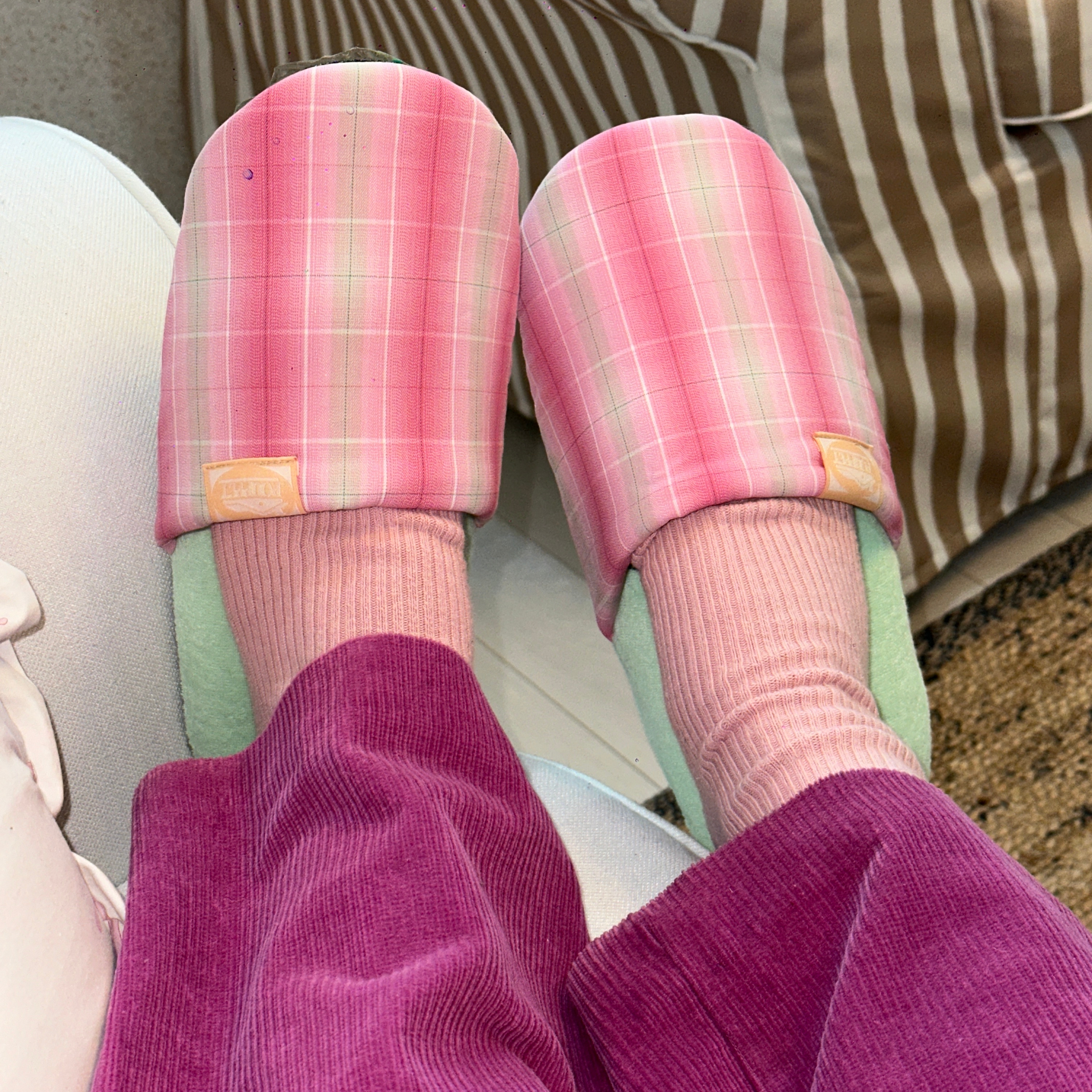 [3% 적립] POUPPET Cutie Check Room Shoes Pink check + mint M size 착용 스타일 - 1