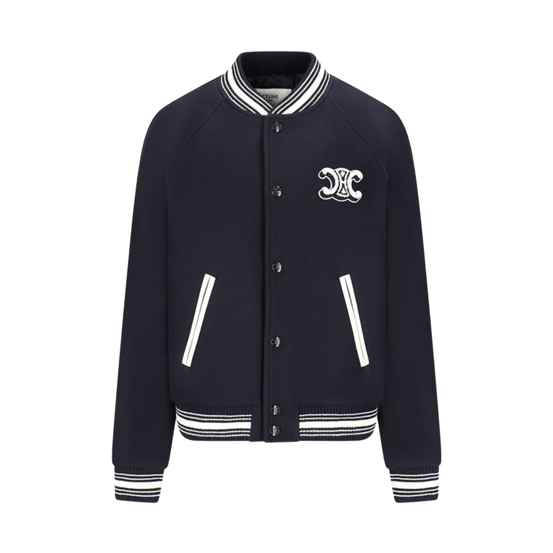 (W) 셀린느 스트라이프 립드 트림 버튼 포켓 봄버 자켓 네이비((W) Celine Striped Ribbed Trims Button Pocket Bomber Jacket Navy)