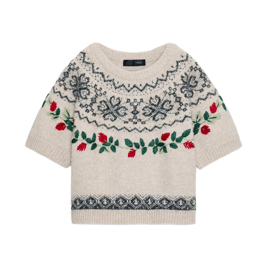 (W) 자라 자카드 자수 숏슬리브 스웨터 블랙 샌드