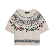 (W) Zara Jacquard Embroidered Short Sleeve Sweater Black Sand