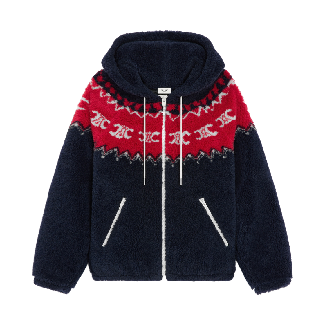 RV0RF0G66-CAD0 Celine Triomphe Fair Isle Fleece Hooded Jacket Navy Red