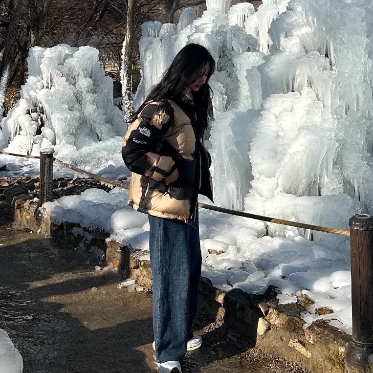 Supreme x The North Face Bleached Denim Print Nuptse Jacket Black - 21FW, Supreme Messenger Bag Black - 24FW 착용 스타일 - 1