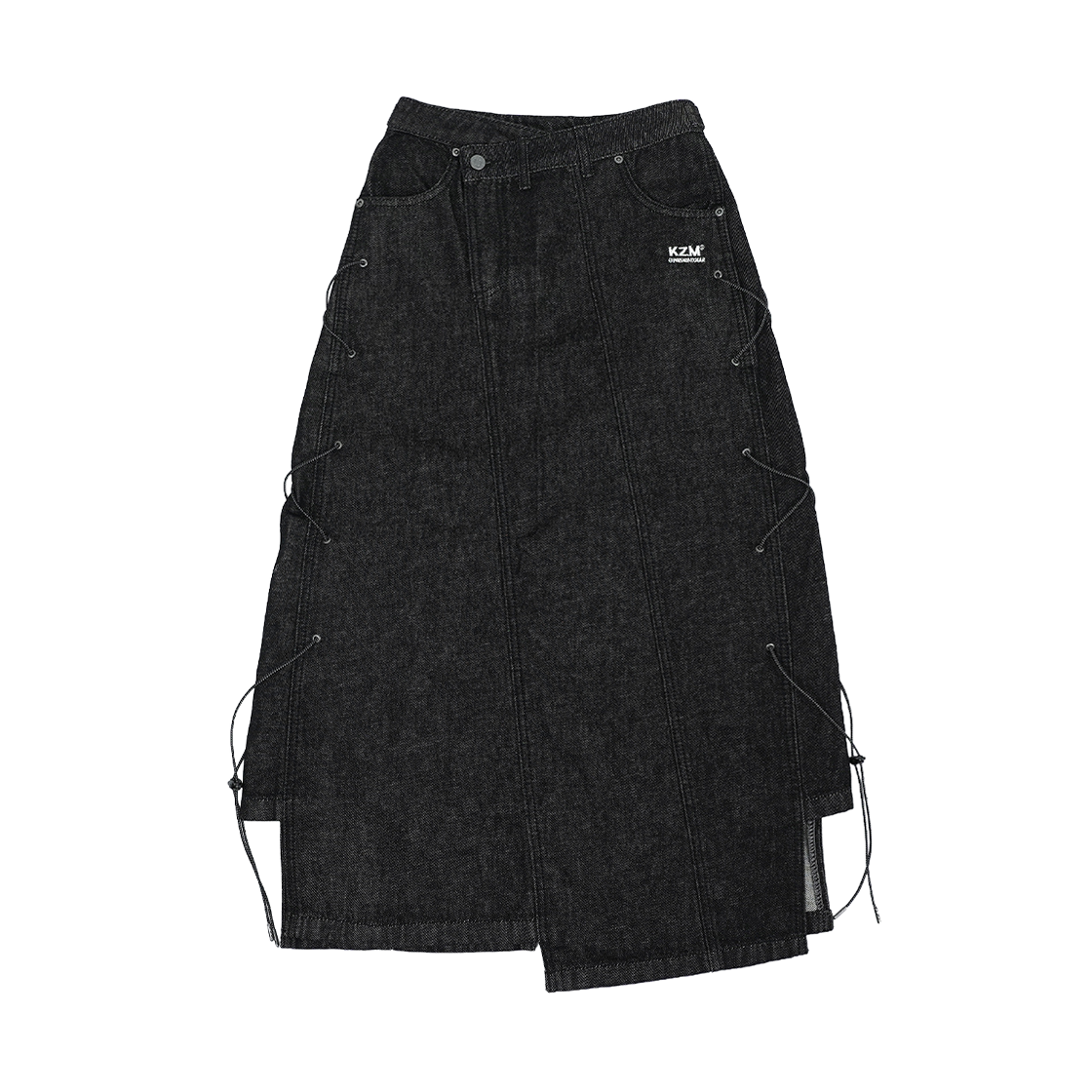 케이지엠 A라인 스트링 데님스커트 블랙