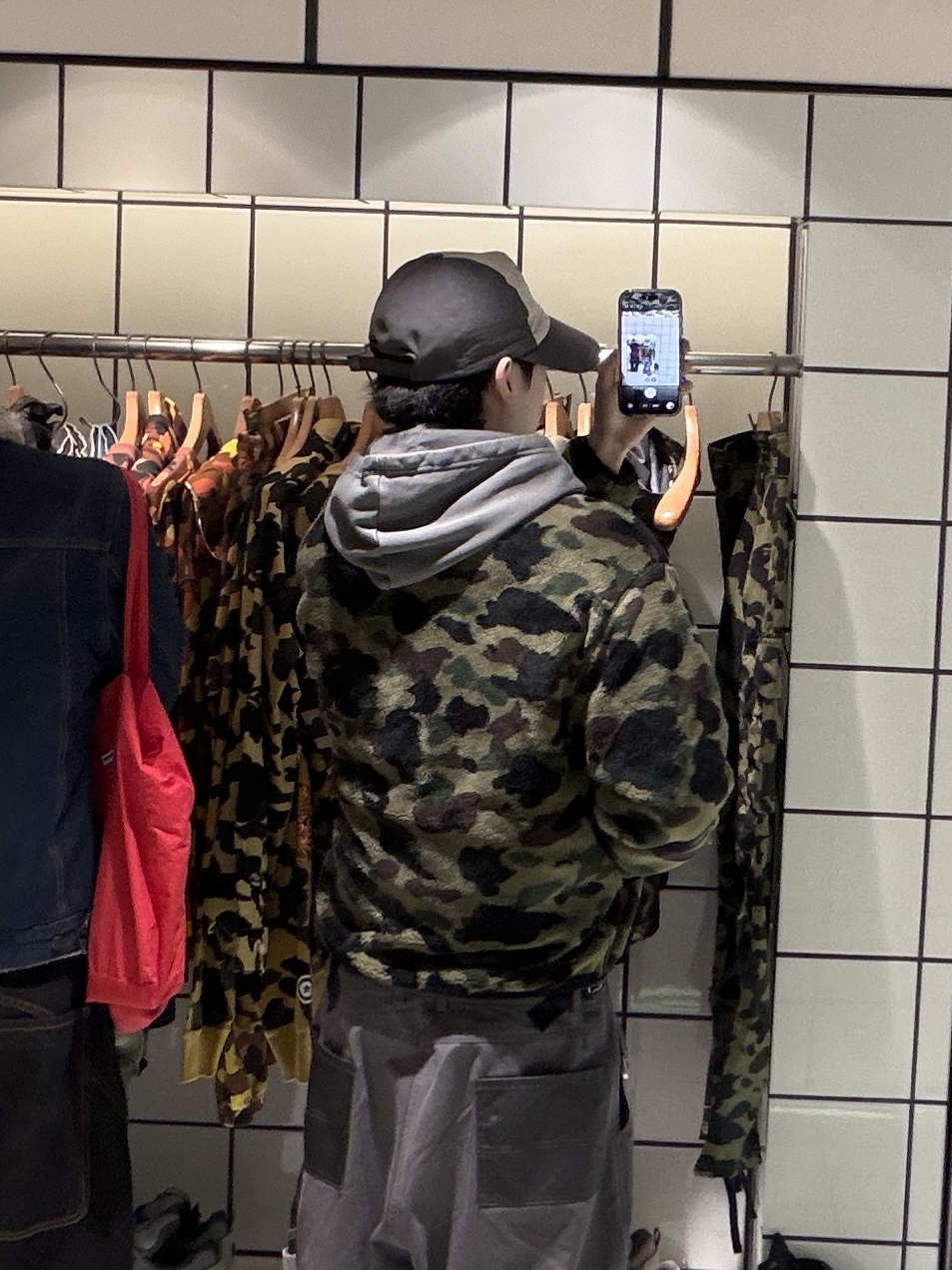 BAPE 1st Camo Fleece Jacket Green, farfromwhat far layered work pants_charcoal 착용 스타일 - 2