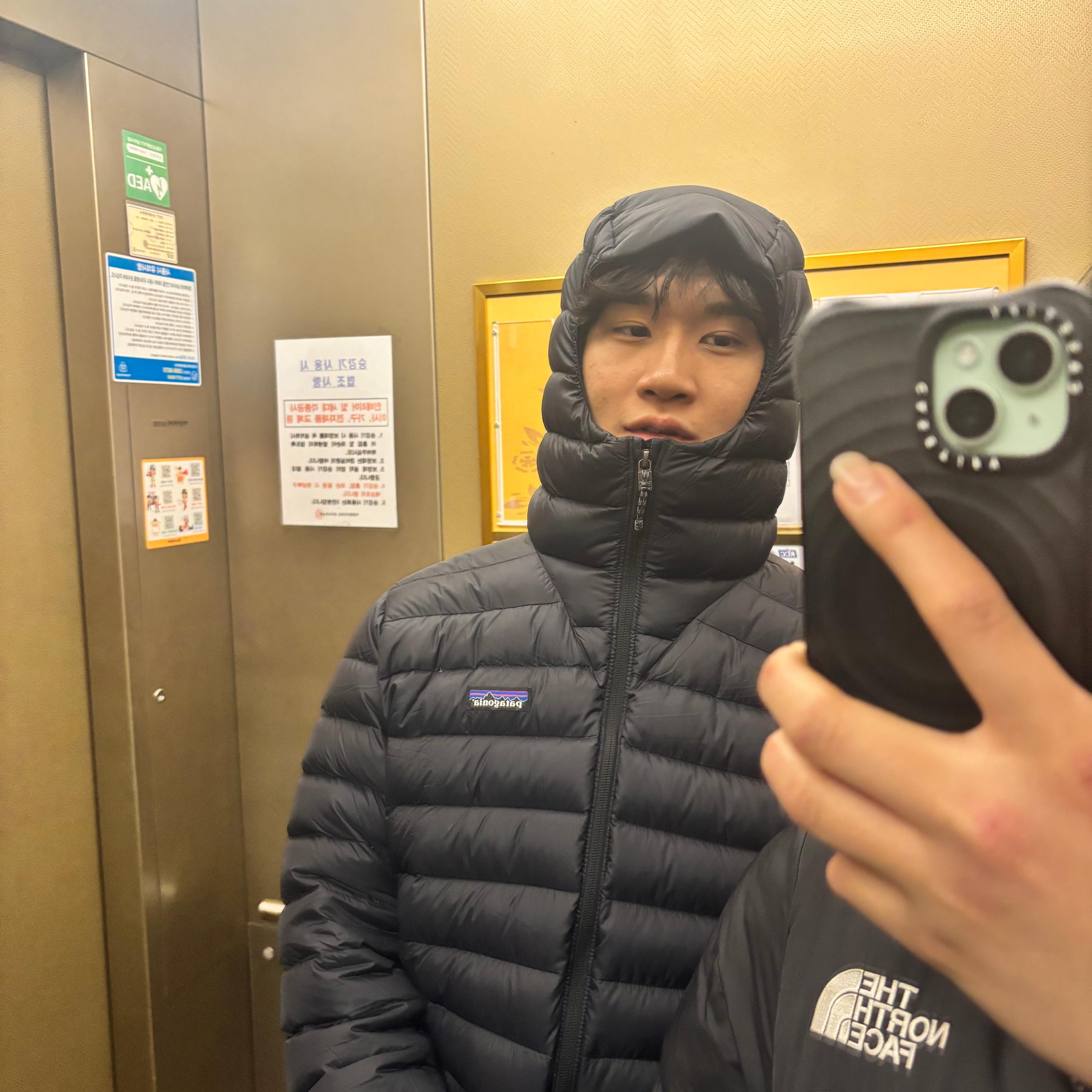 Patagonia Down Sweater Hoody Black 착용 스타일 - 1