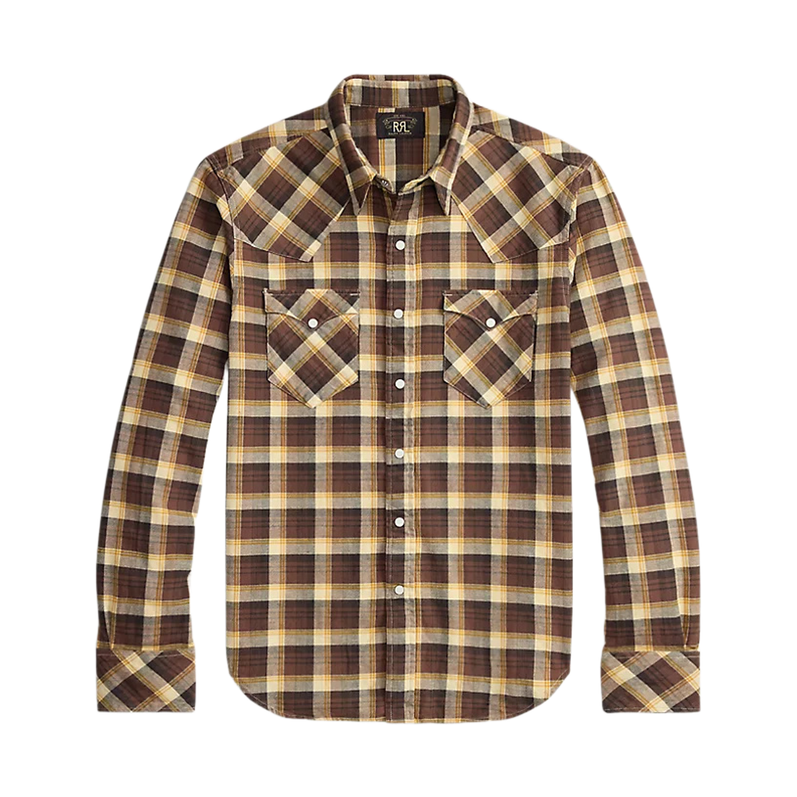 782P05338001 Double RL Slim Fit Plaid Twill Western Shirt Brown Mustard