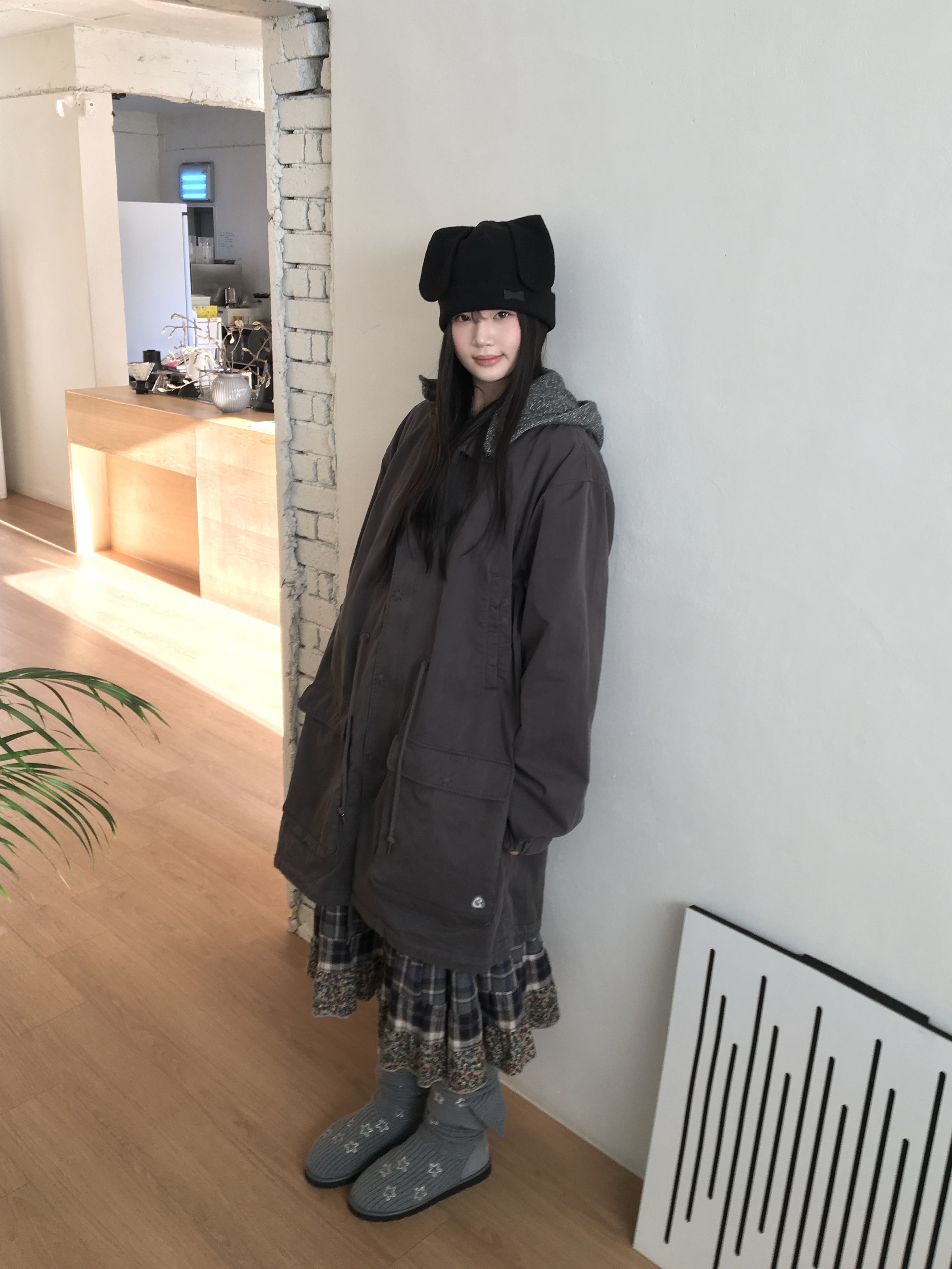 COYSEIO Washed Military Jacket Mud Charcoal 착용 스타일