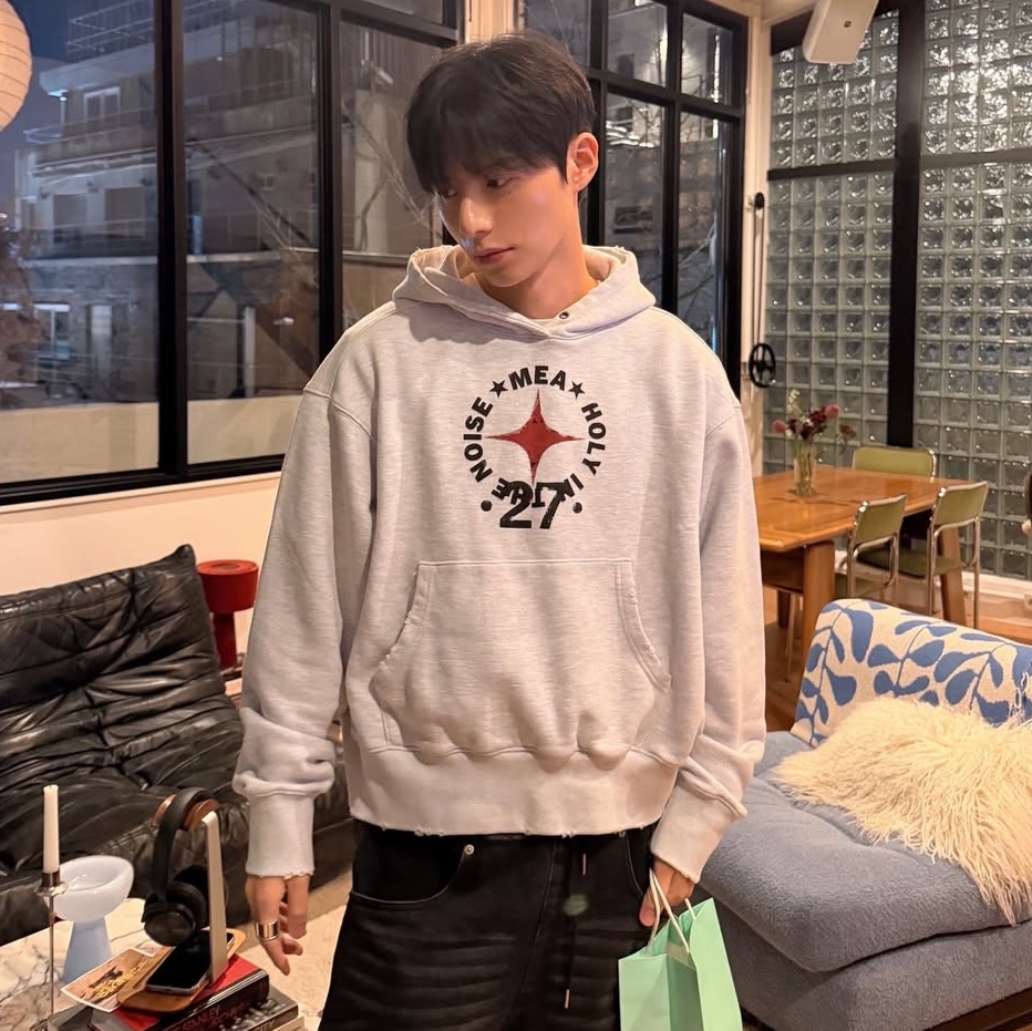 Mea Damaged 27 Hoodie Melange Grey 착용 스타일 - 2