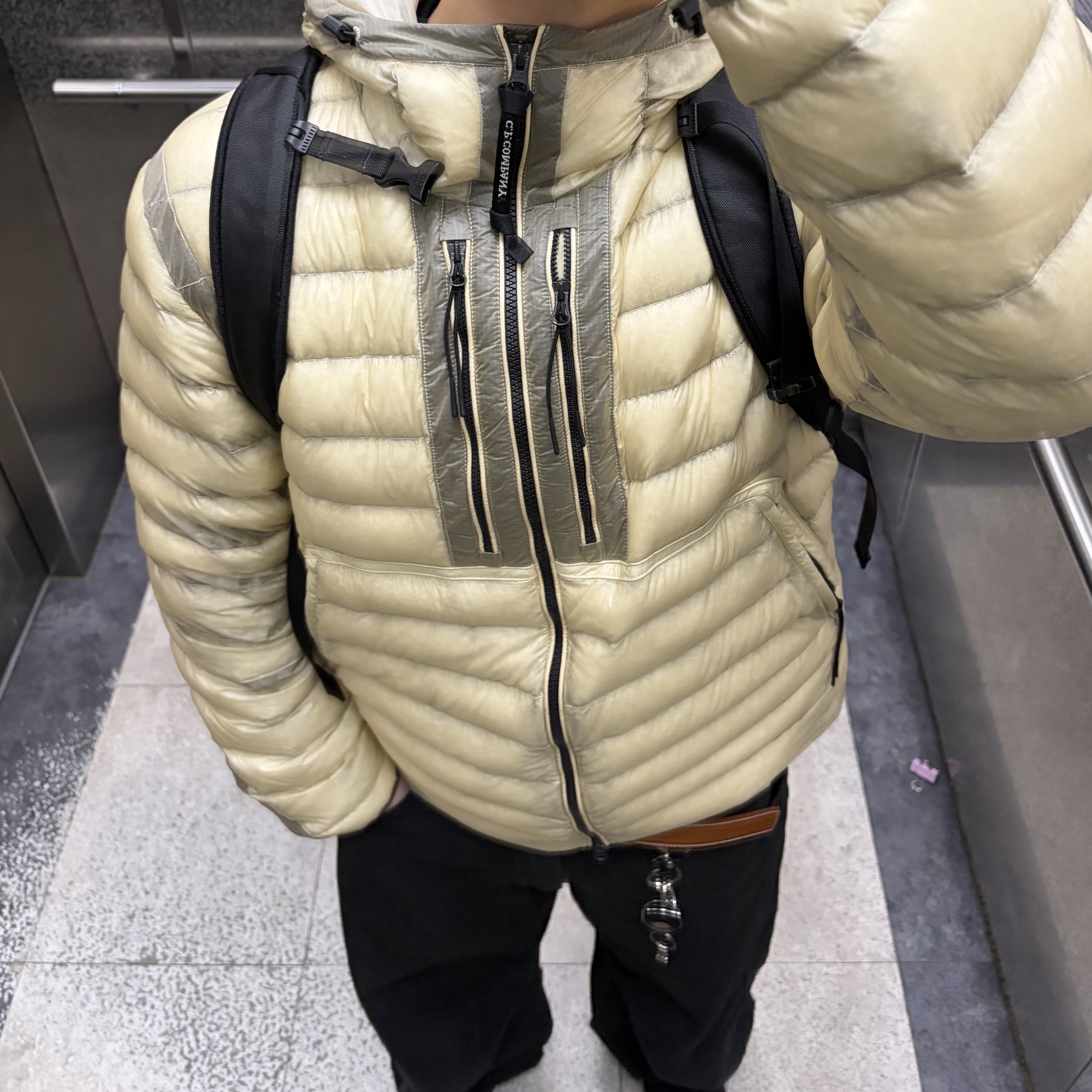 C.P. Company D.D. Shell Goggle Down Jacket Pistachio Shell Beige - 25FW 착용 스타일