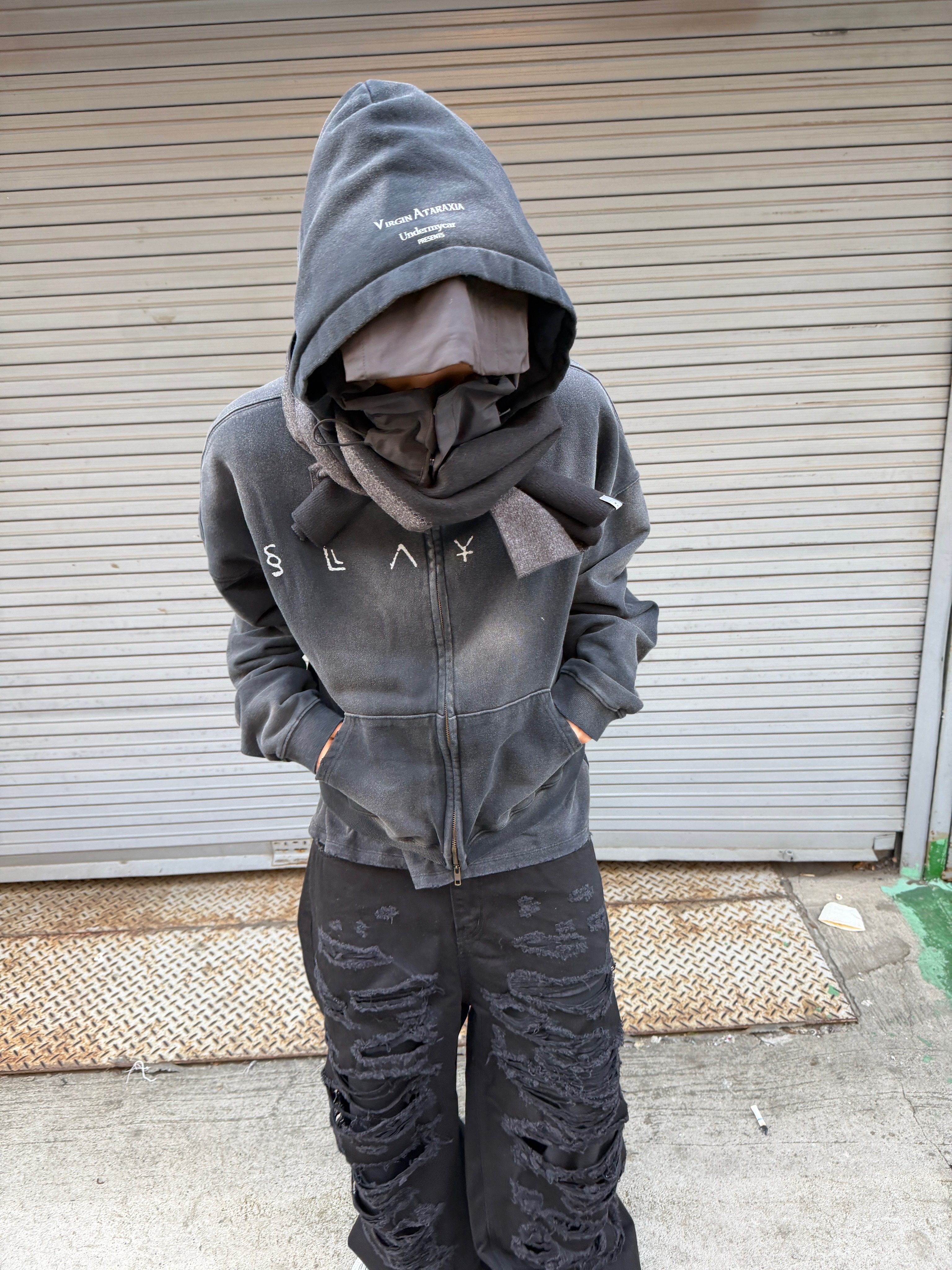SLAYER Undermycar Diabolus In Musica Vintage Washed Zipped Hoodie Black 착용 스타일 - 5