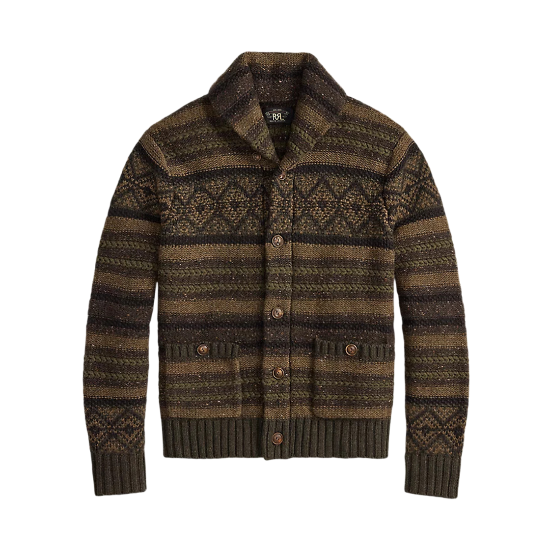 782973216001 Double RL Wool Cotton Shawl Collar Cardigan Brown Olive Multi