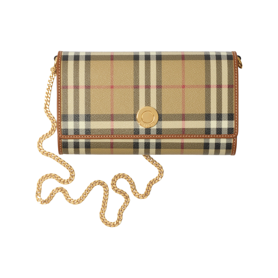8109798 Burberry Check Chain Strap Wallet Archive Beige Briar Brown
