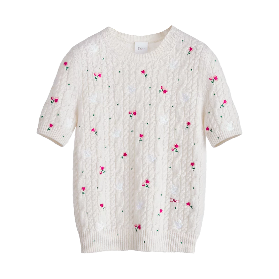 624S07A0009-X0250 (W) Dior Dioramour Cashmere Cable Knit Doves & Roses Motif Embroidery Sweater Ecru