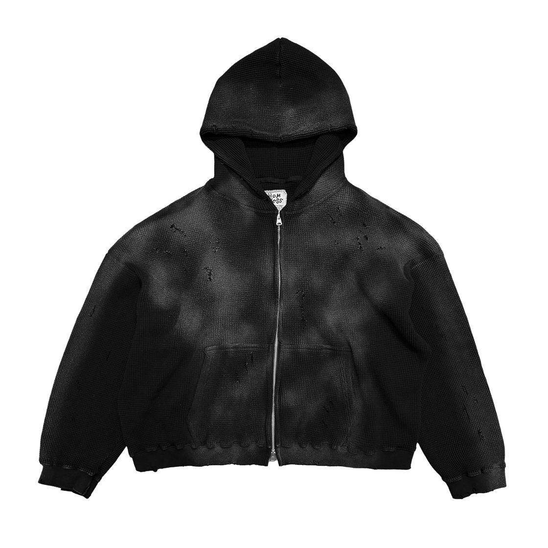홈리스 디스트레스 빈티지 와플 집업 후드 블랙(Hommless Distressed VTG Waffle Zip Hoodie Black)