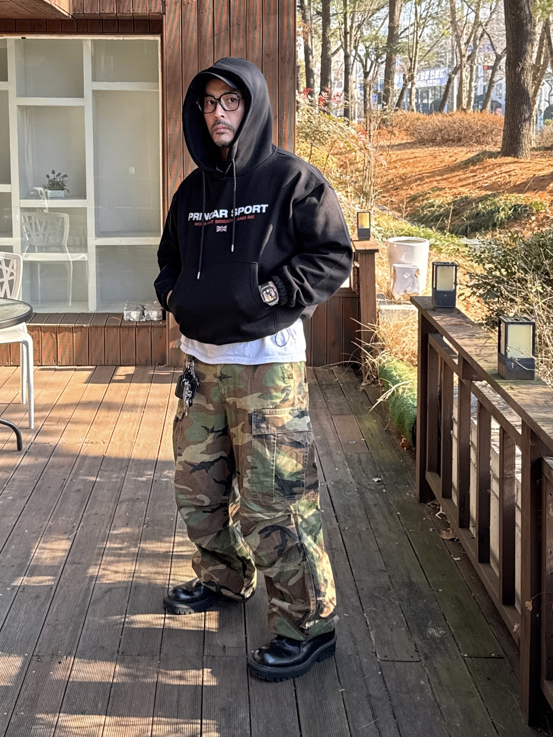 NOD Stone Washed Cargo Pants Camo 착용 스타일 - 1