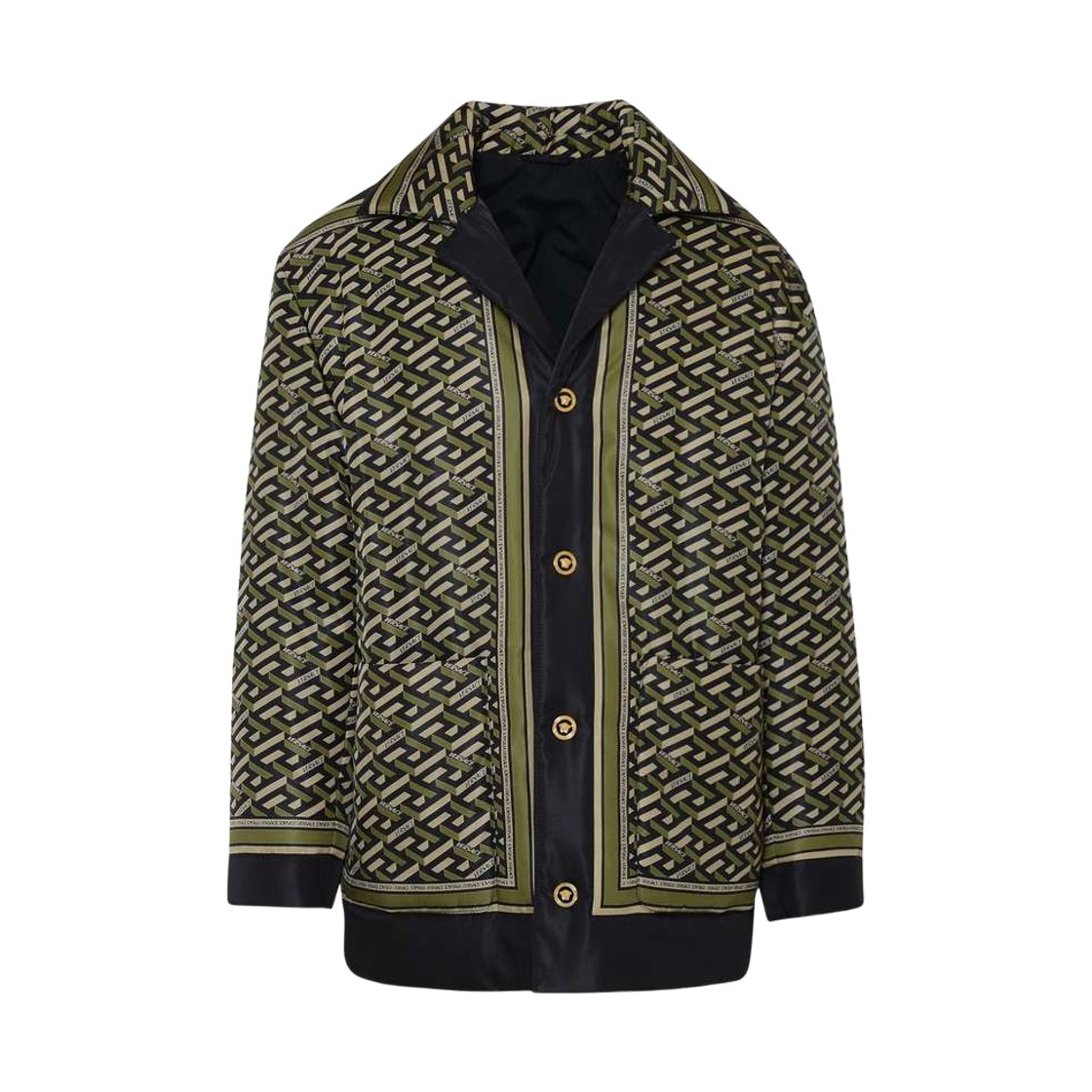 1002225-1A01702-5B160 Versace La Greca Graffiti Medusa Smiley Padded Coat Green