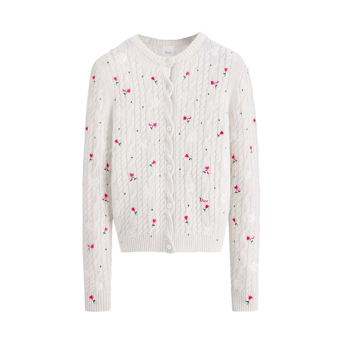 624G09A0009-X0250 (W) Dior Dioramour Cashmere Cable Knit Doves & Roses Motif Embroidery Cardigan Ecru