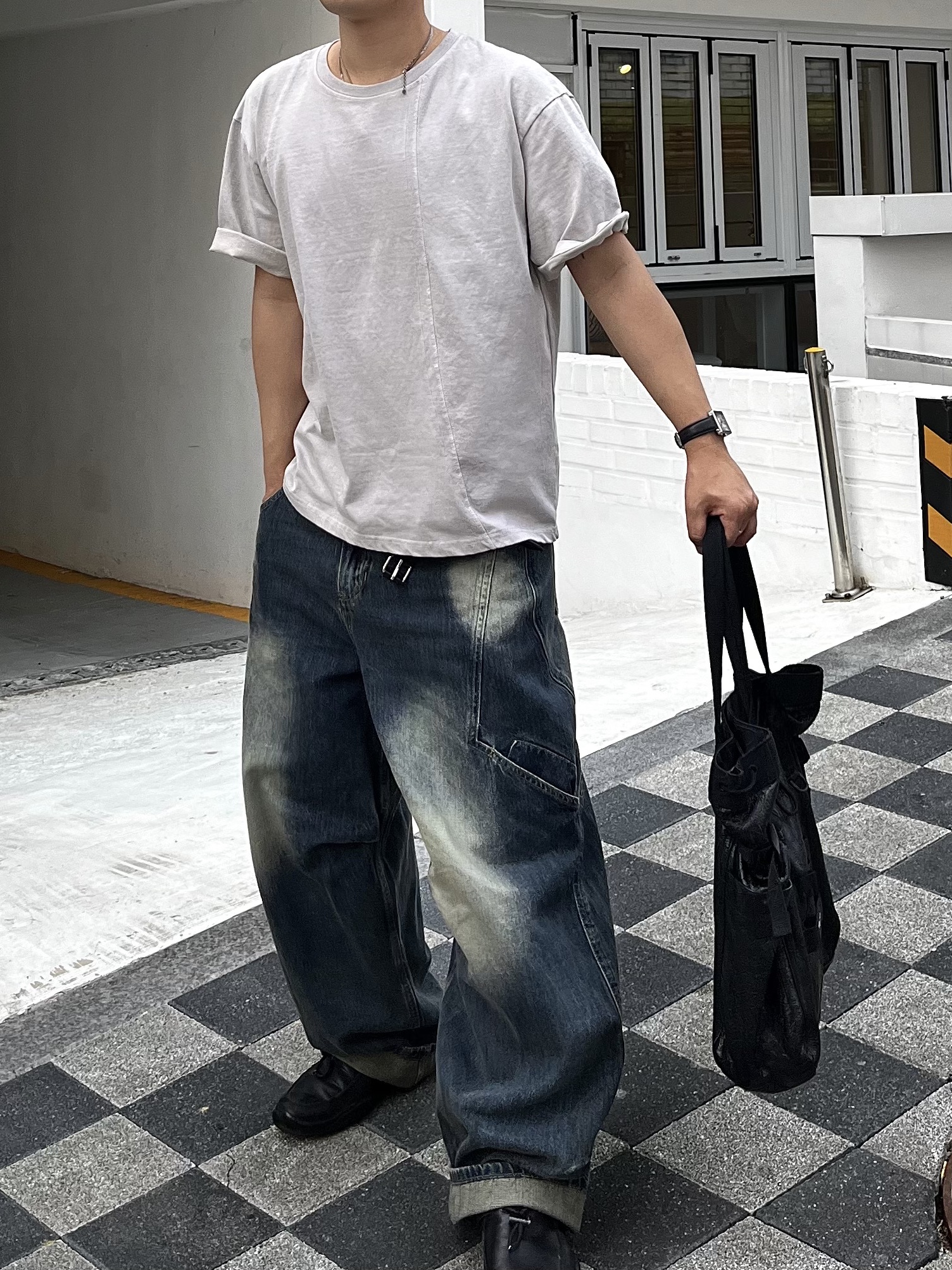 noun Side Line Cargo Denim Pants Blue, Magliano New Bow Belt Black 착용 스타일 - 2
