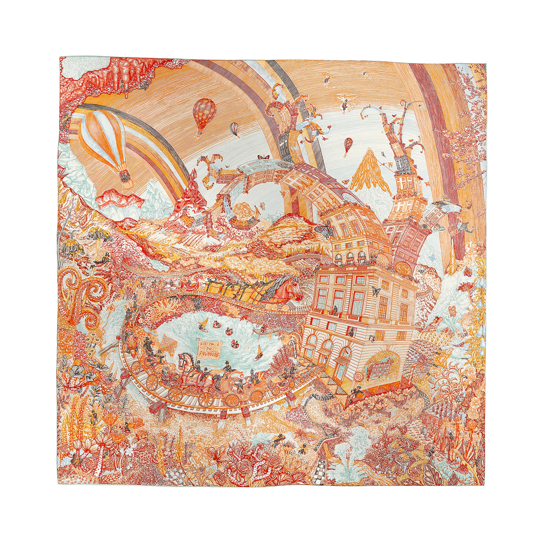 H004147S03 (W) Hermes Les Folies Du Faubourg Scarf 90 Brun Orange Vert De Gris