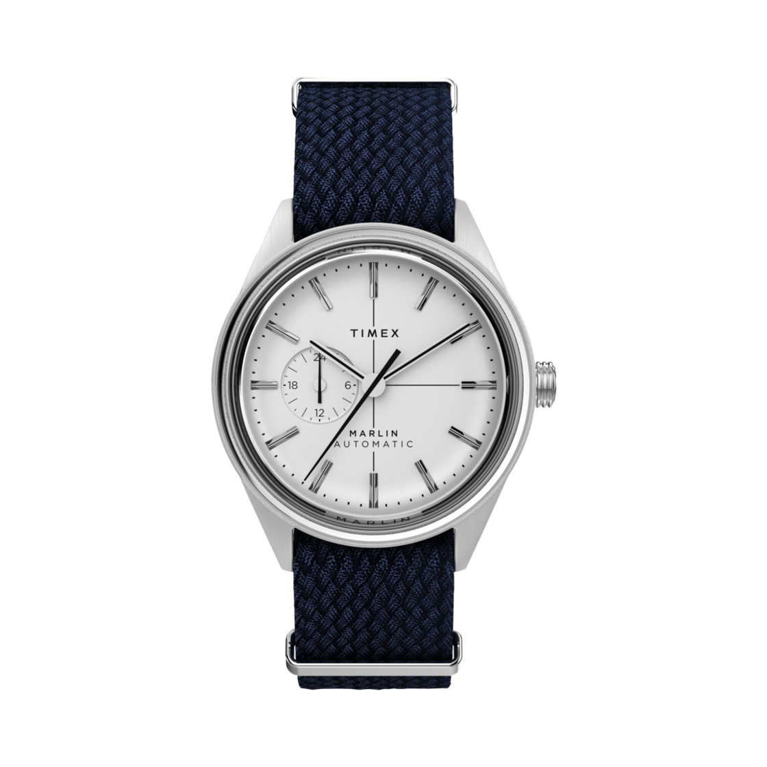 타이맥스 멀린 제트 오토매틱 38mm 패브릭 스트랩 워치 블루 화이트(Timex Marlin Jet Automatic 38mm Fabric Strap Watch Blue White)