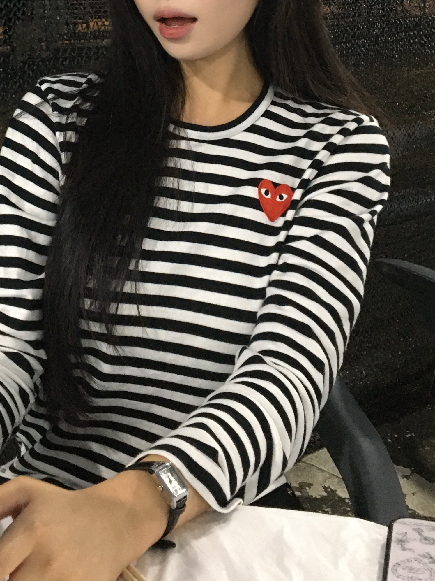 Play Comme des Garcons Striped LS T-Shirt Black White 착용 스타일 - 3