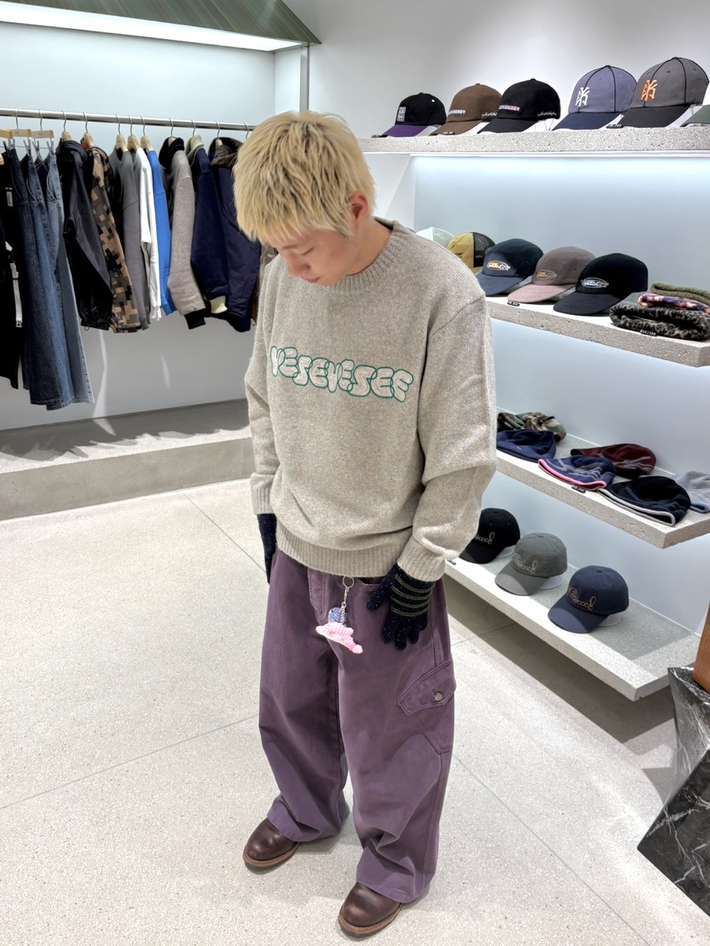 YESEYESEE Marble Pattern Logo Knit Pullover Multi, YESEYESEE Y.E.S Heavy Work Pants Purple 착용 스타일 - 2