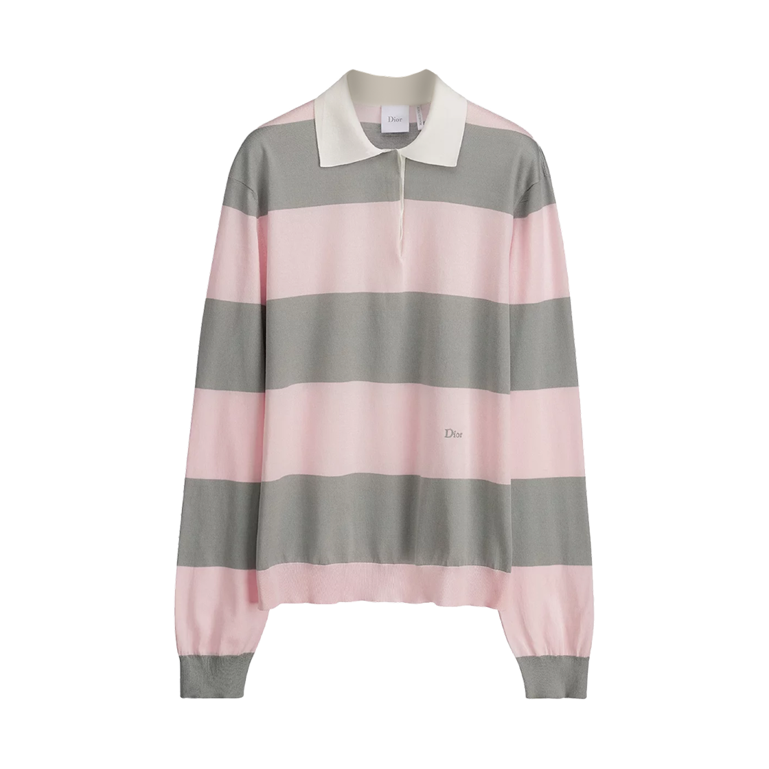 624S11A7072-X4801 (W) Dior Mariniere Cotton Knit Long Sleeved Polo Shirt Grey Pink