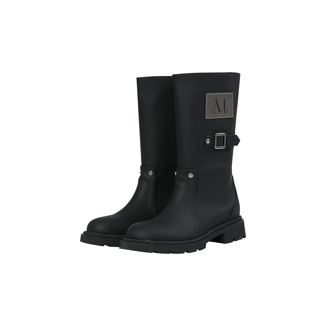무센트 필로 리벳 포인트 사이드 레더 패치 톨 레인 부츠 블랙(MUCENT Philo Rivet Point Side Leather Patch Tall Rain Boots Black)