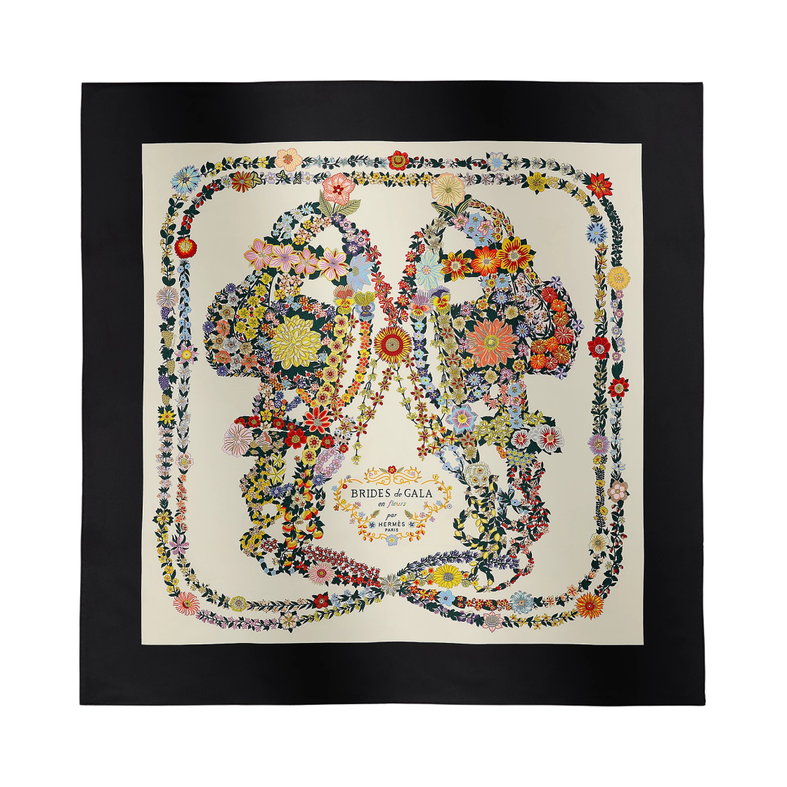 H004192S05 Hermes Brides de Gala En Fleurs Scarf 90 Noir Ivoire Multicolore