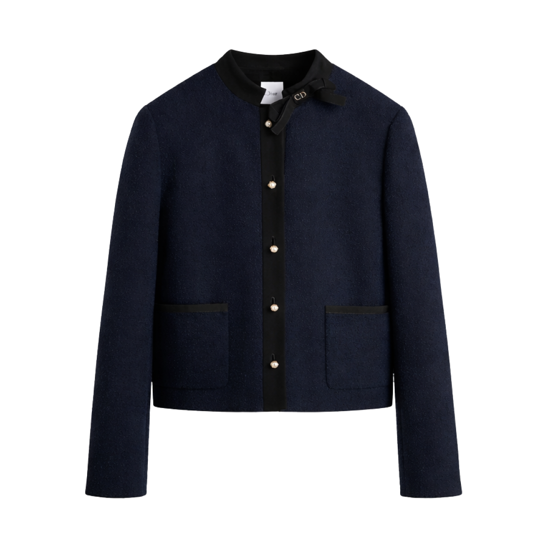 (W) 디올 버진 울 코튼 블렌드 부클레 크롭 자켓 네이비 블루((W) Dior Virgin Wool Cotton Blend Boucle Cropped Jacket Navy Blue)