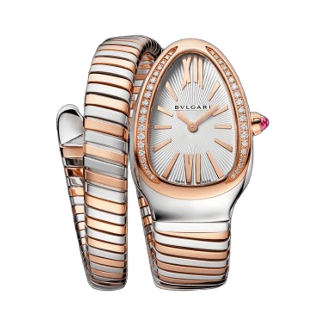 (W) 불가리 세르펜티 투보가스 쿼츠 35mm 워치 스테인리스 스틸 로즈 골드 화이트 다이아몬드((W) Bulgari Serpenti Tubogas Quartz 35mm Watch Stainless Steel Rose Gold White Diamonds)