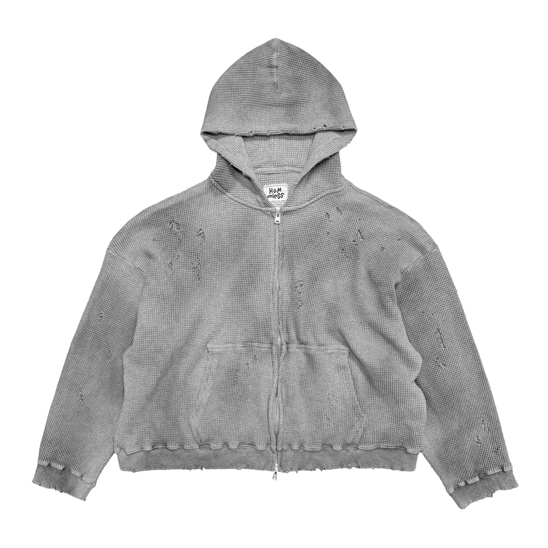 HDWZH_GR Hommless Distressed VTG Waffle Zip Hoodie Grey
