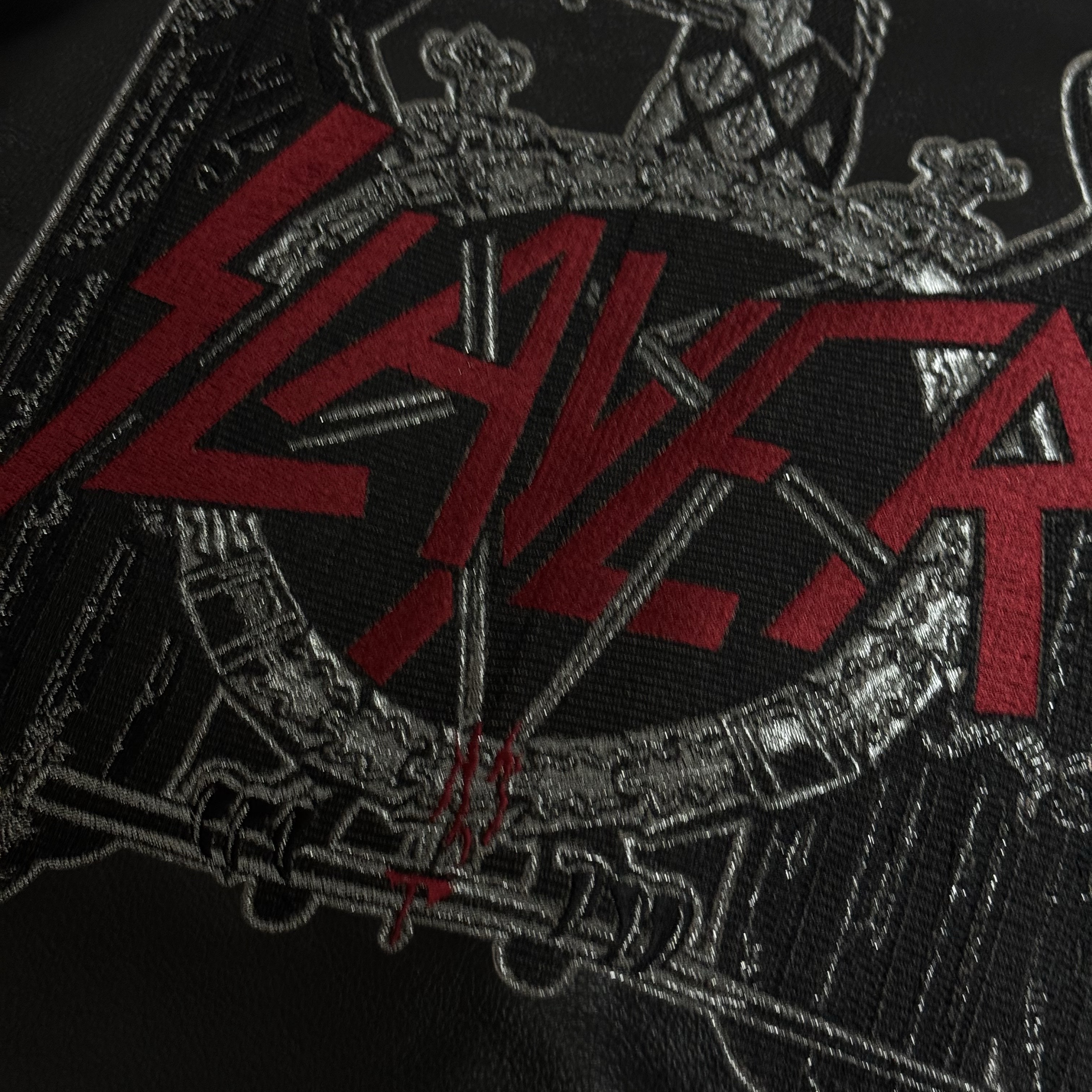 SLAYER Undermycar Black Eagle Embroidered Antique Brooch Leather Jacket Black 착용 스타일