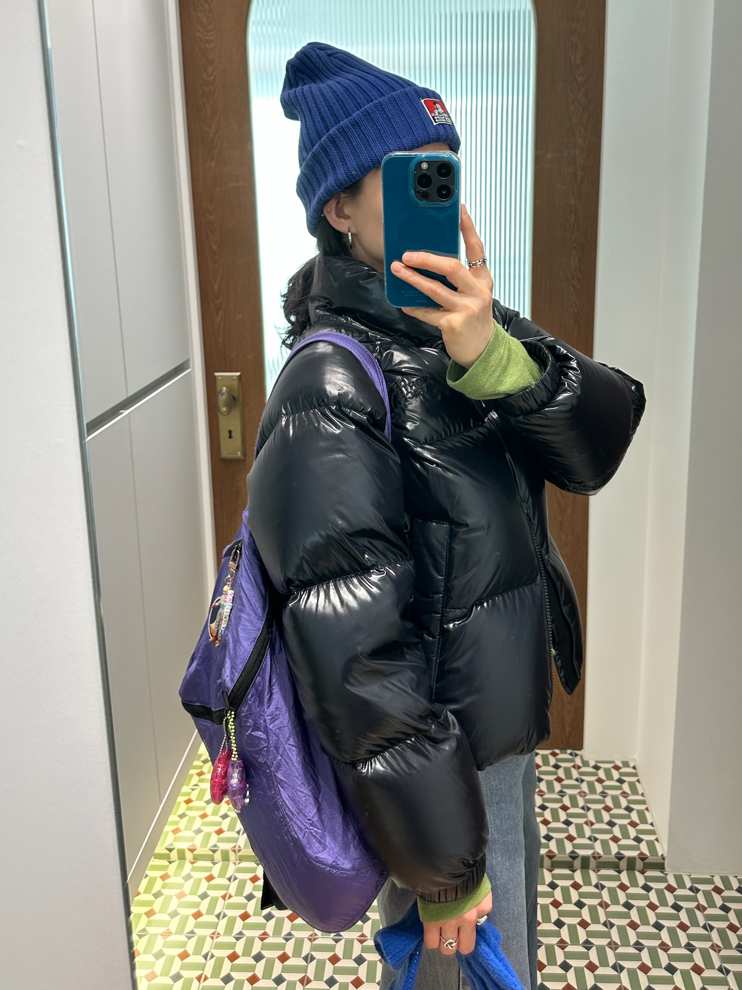 (W) The North Face White Label Neo Puffy EX RDS Down Jacket Black, Ticket to the Moon Mini Backpack Purple (15L) 착용 스타일 - 3