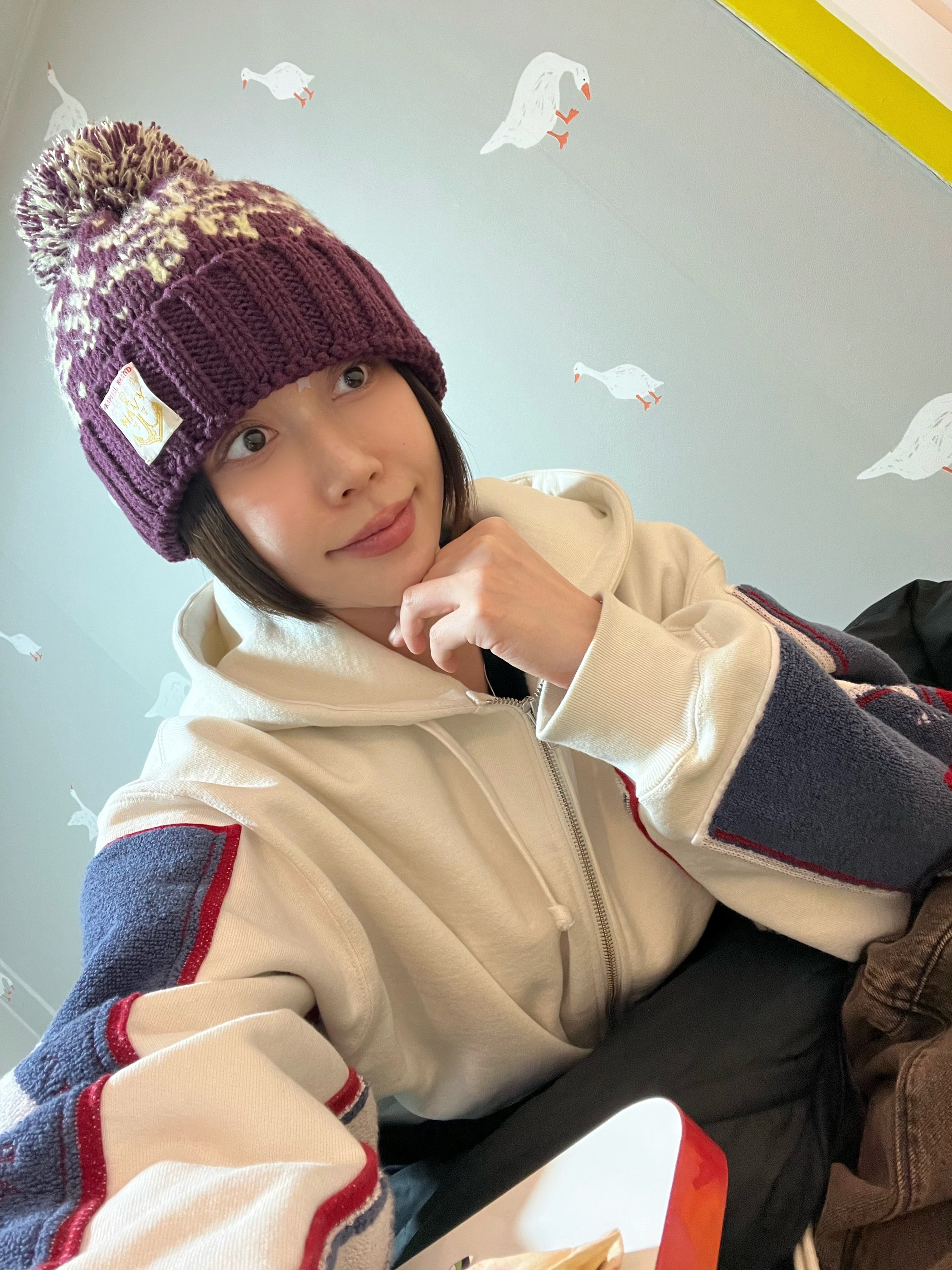 Kapital 3G Wool Snow Pattern Knit Cap Purple, Supreme x Martine Rose Towel Zip Up Hooded Sweatshirt White - 24FW 착용 스타일
