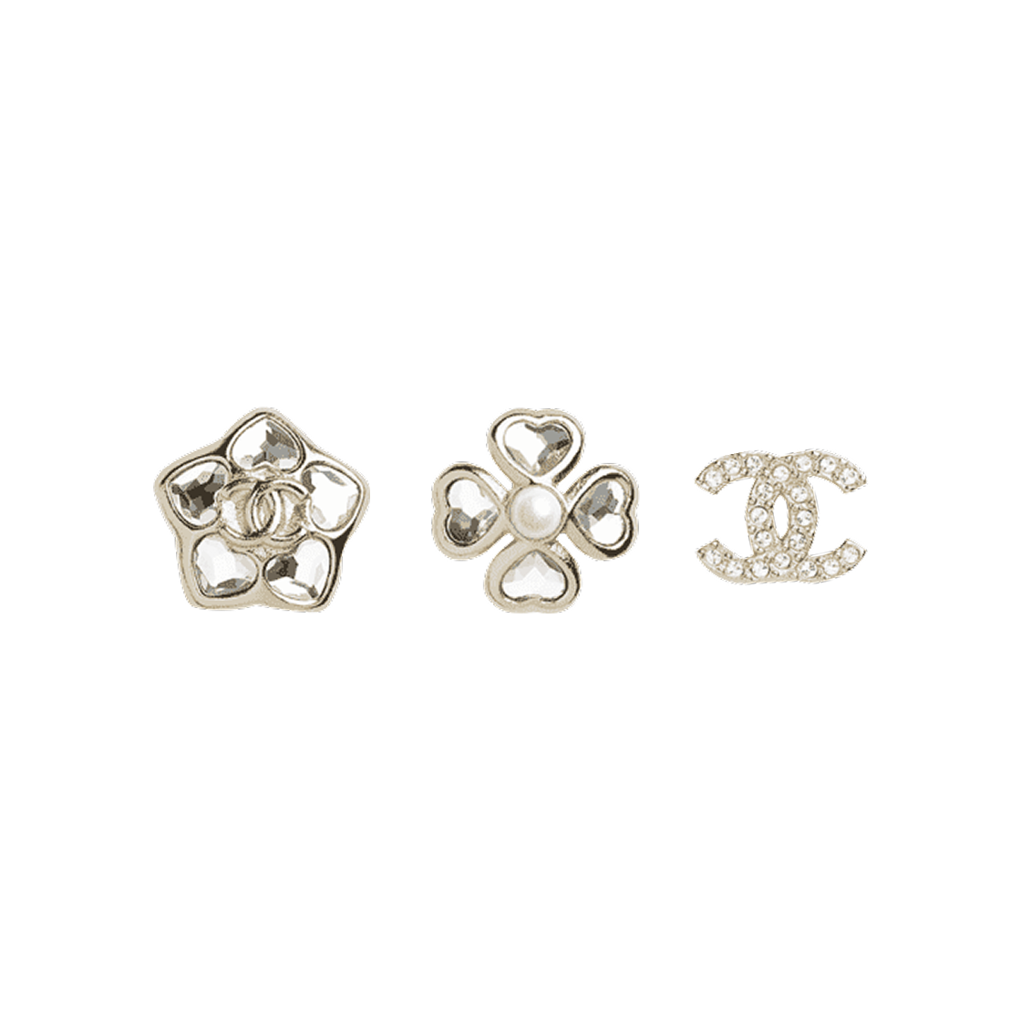 (W) 샤넬 스터드 이어링 메탈 글라스 펄 스트라스 & 골드 펄리 화이트 크리스탈 (3개 세트)((W) Chanel Stud Earrings Metal Glass Pearl Strass & Gold Pearly White Crystal (Set of 3)) - 1
