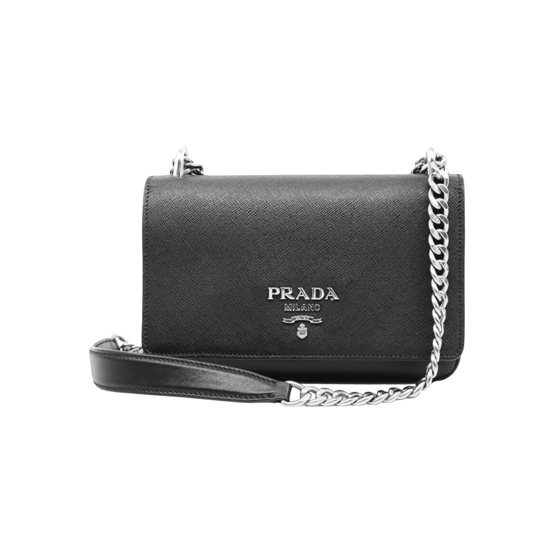 IT5AVWKIIQ32 Prada 1BD144 Black Saffiano Leather Silver Chain Mini Shoulder Bag
