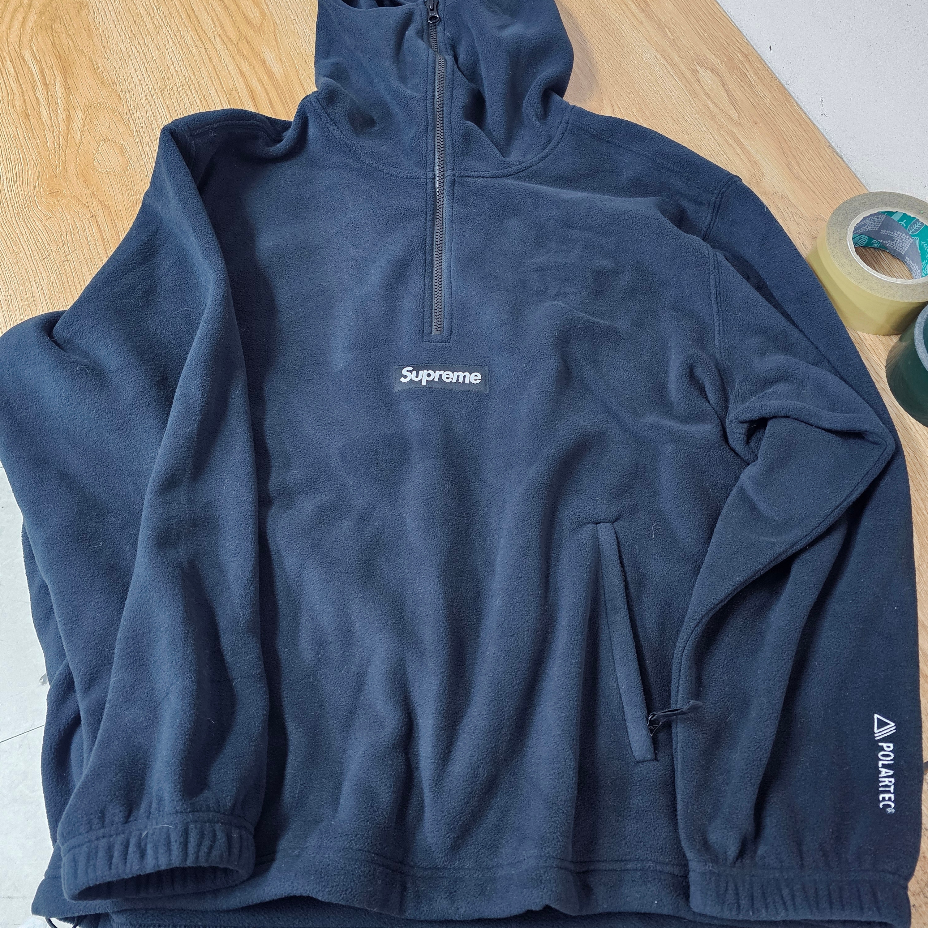 Supreme Polartec Facemask Half Zip Hooded Sweatshirt Black - 24FW 착용 스타일